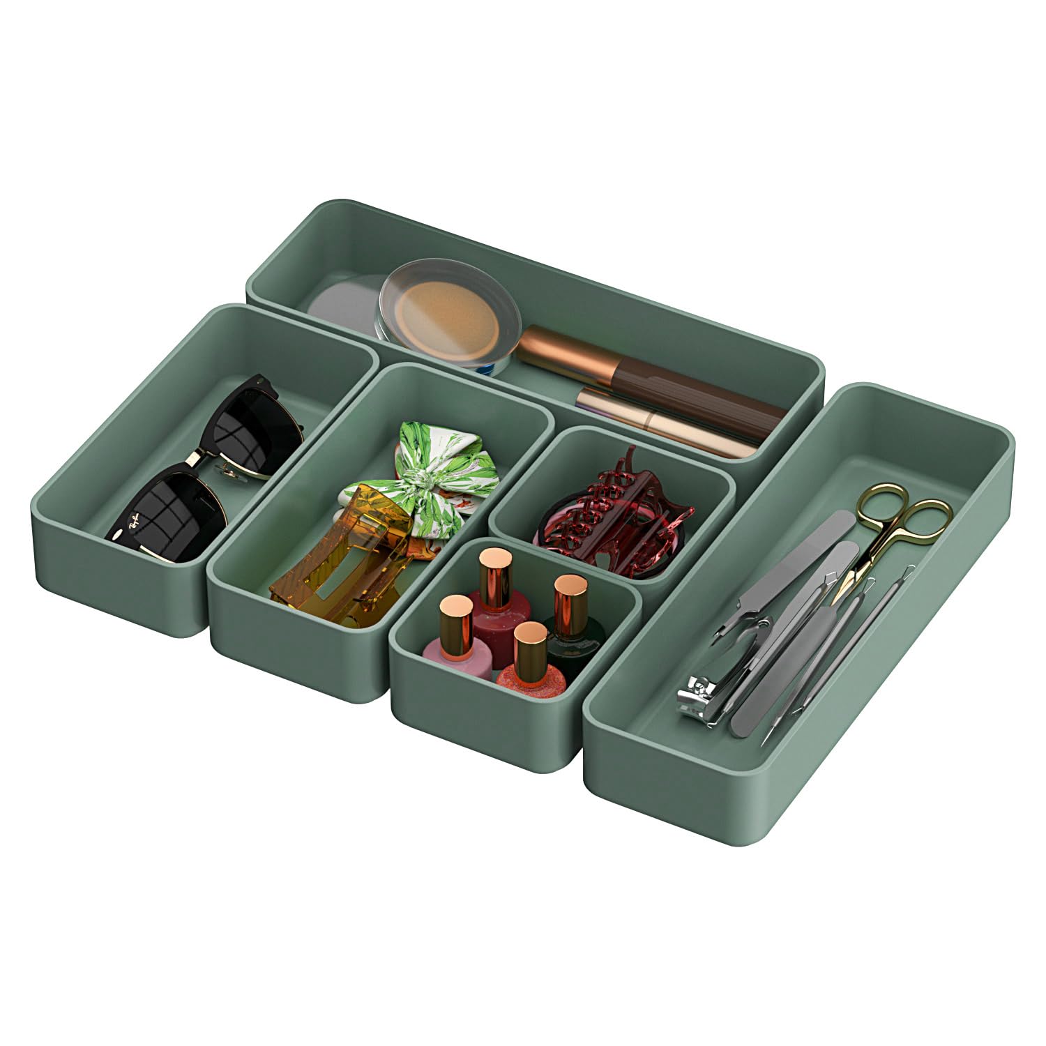 6-Piece Stackable Drawer Organizer Set - Versatile Storage Bins for Makeup, Bathroom, Bedroom, Kitchen & Office - Green Drawer Trays | Perfect for Vanity, Desk & Closet Organization