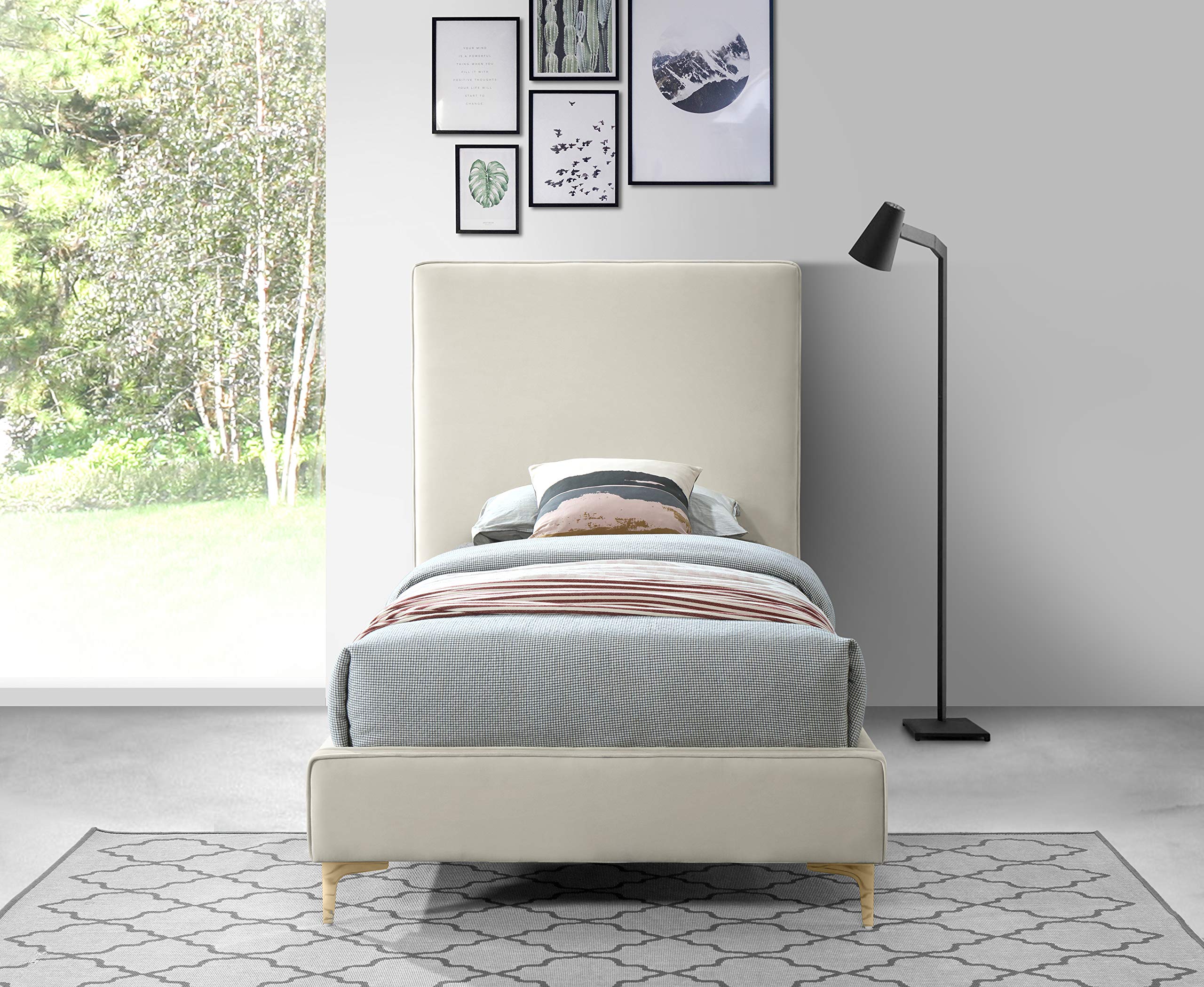 Meridian Furniture Geri Collection Modern Velvet Upholstered Bed - Twin Size Cream with Gold/Chrome Headboard | Luxury Bedroom Furniture for Contemporary Home Decor