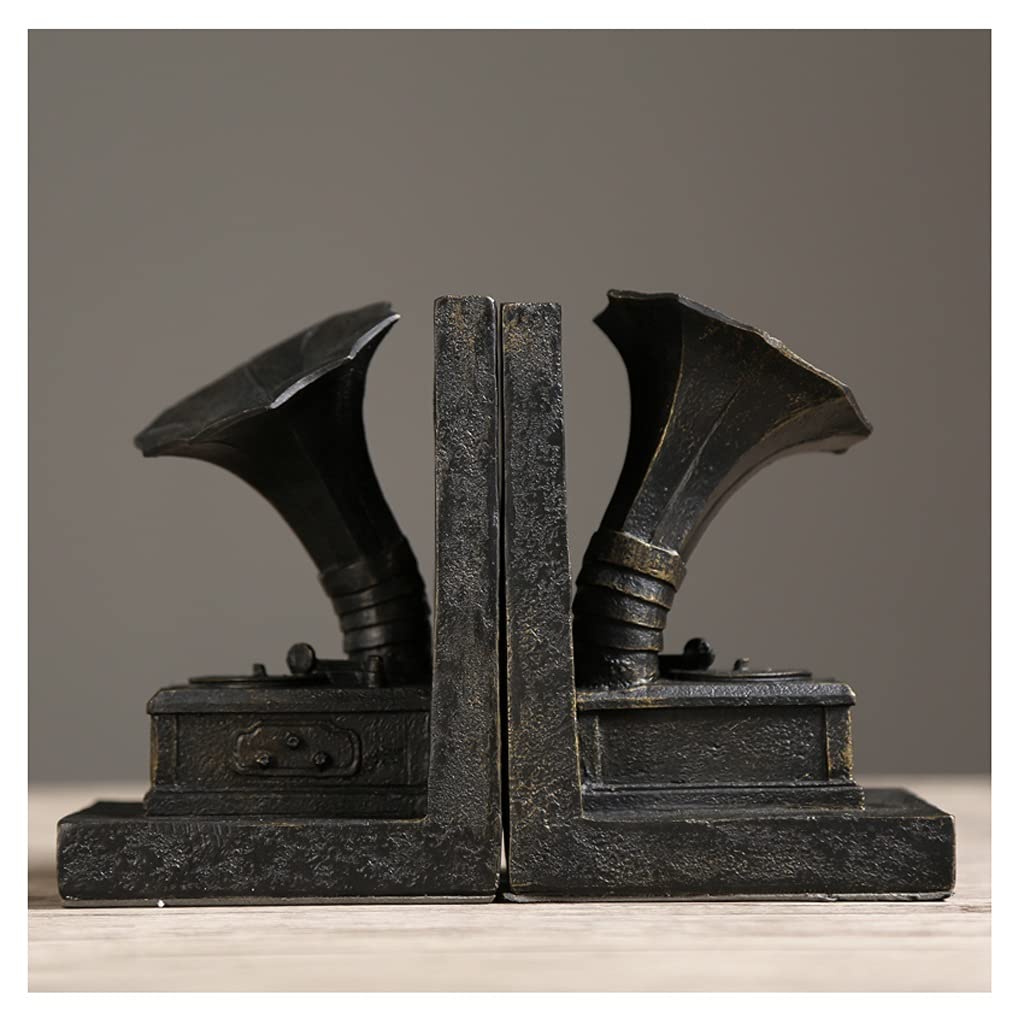 Vintage Resin Bookends - Heavy Duty Anti-Slip Book Holder for Shelves | Creative Phonograph Design Home & Office Decor | Perfect for Organizing Books, Vinyl Records, and Decorative Display