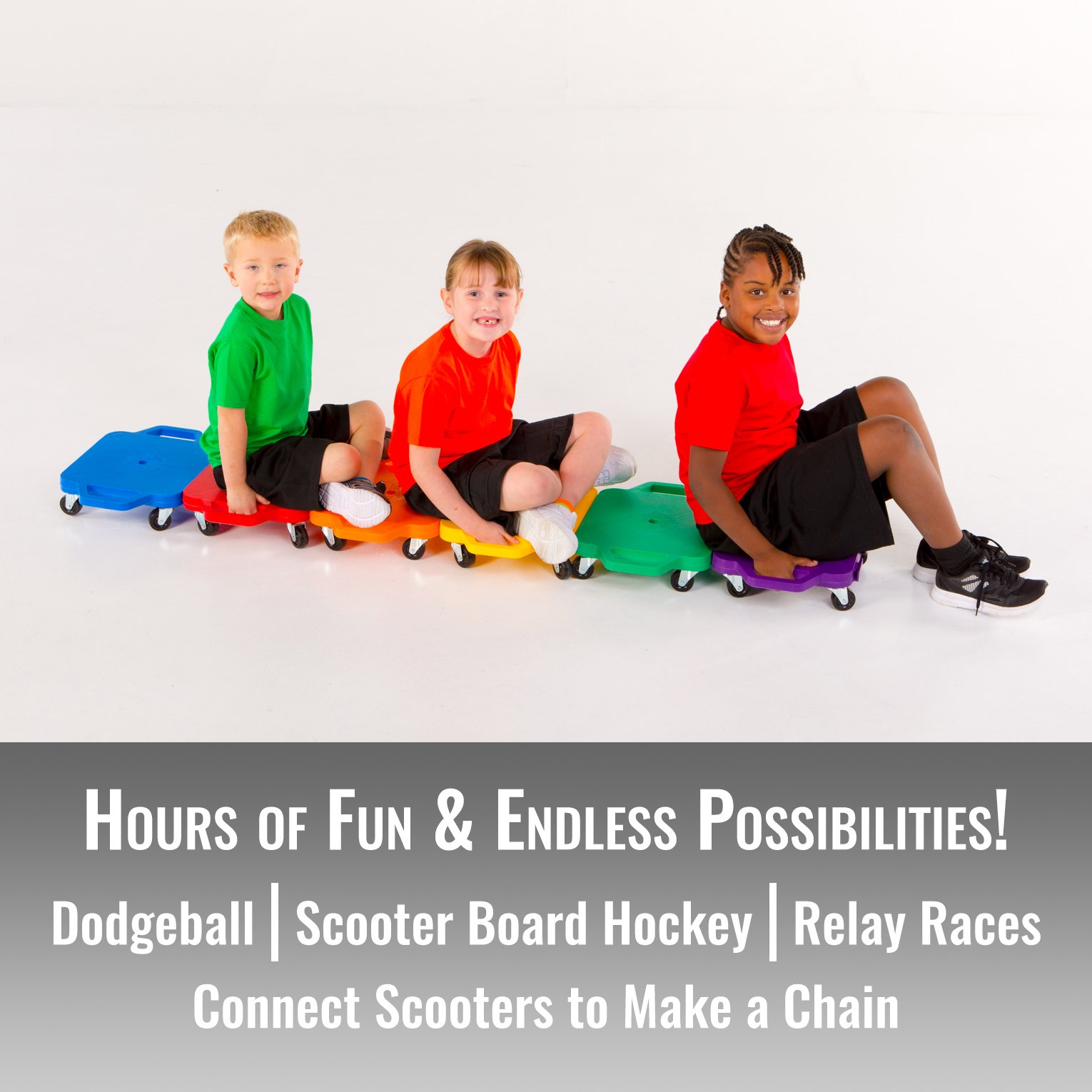 12 Inch Cosom Scooter Board Set for Kids - 2 Inch Non-Marring Metal Casters with Safety Guards & Handles - 6 Color Options for PE Class, Indoor Play & Gym Activities