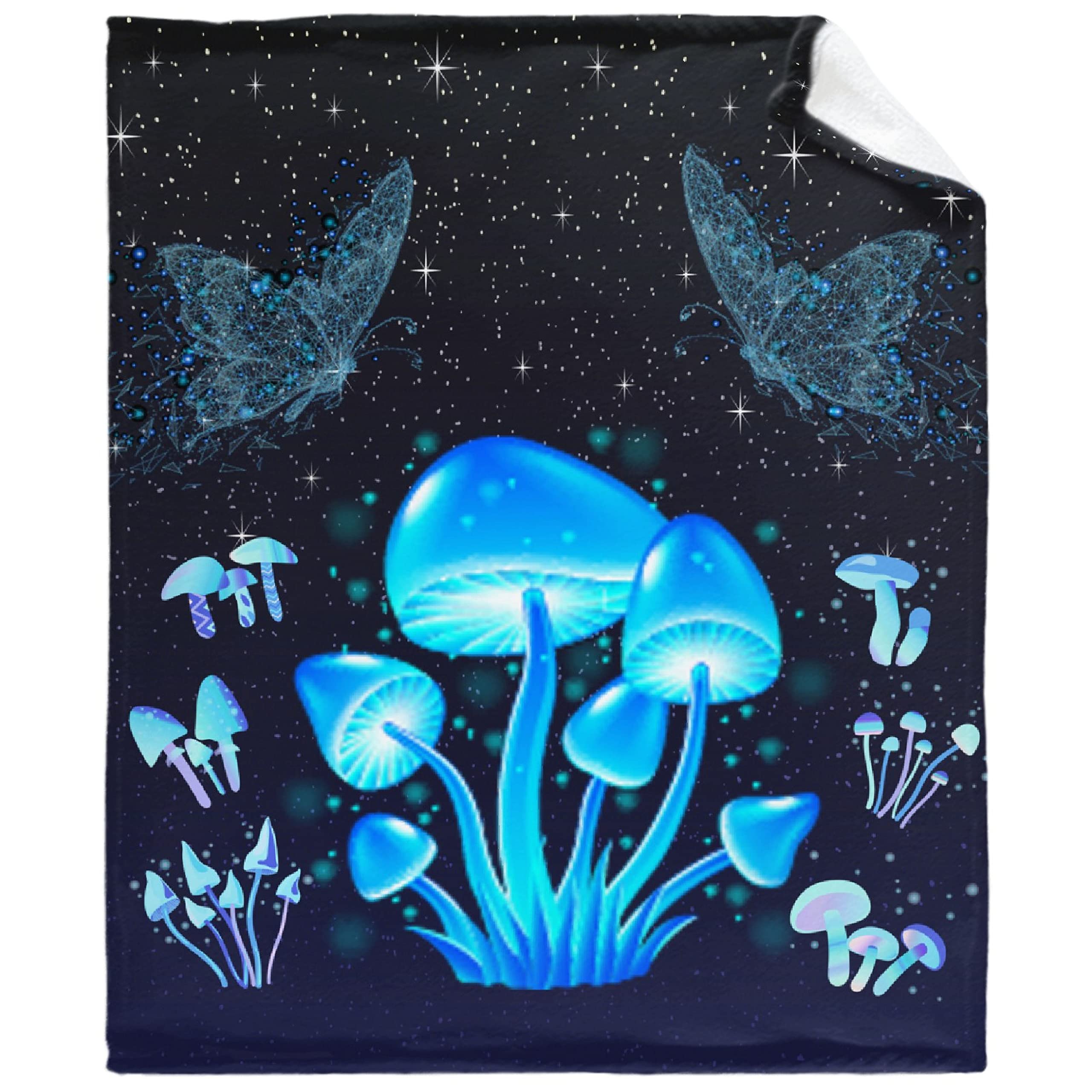 Blue Butterfly Psychedelic Mushroom Starry Sky Galaxy Print Flannel Throw Blanket - Super Soft Fleece Blanket for Bed, Sofa & Couch (120