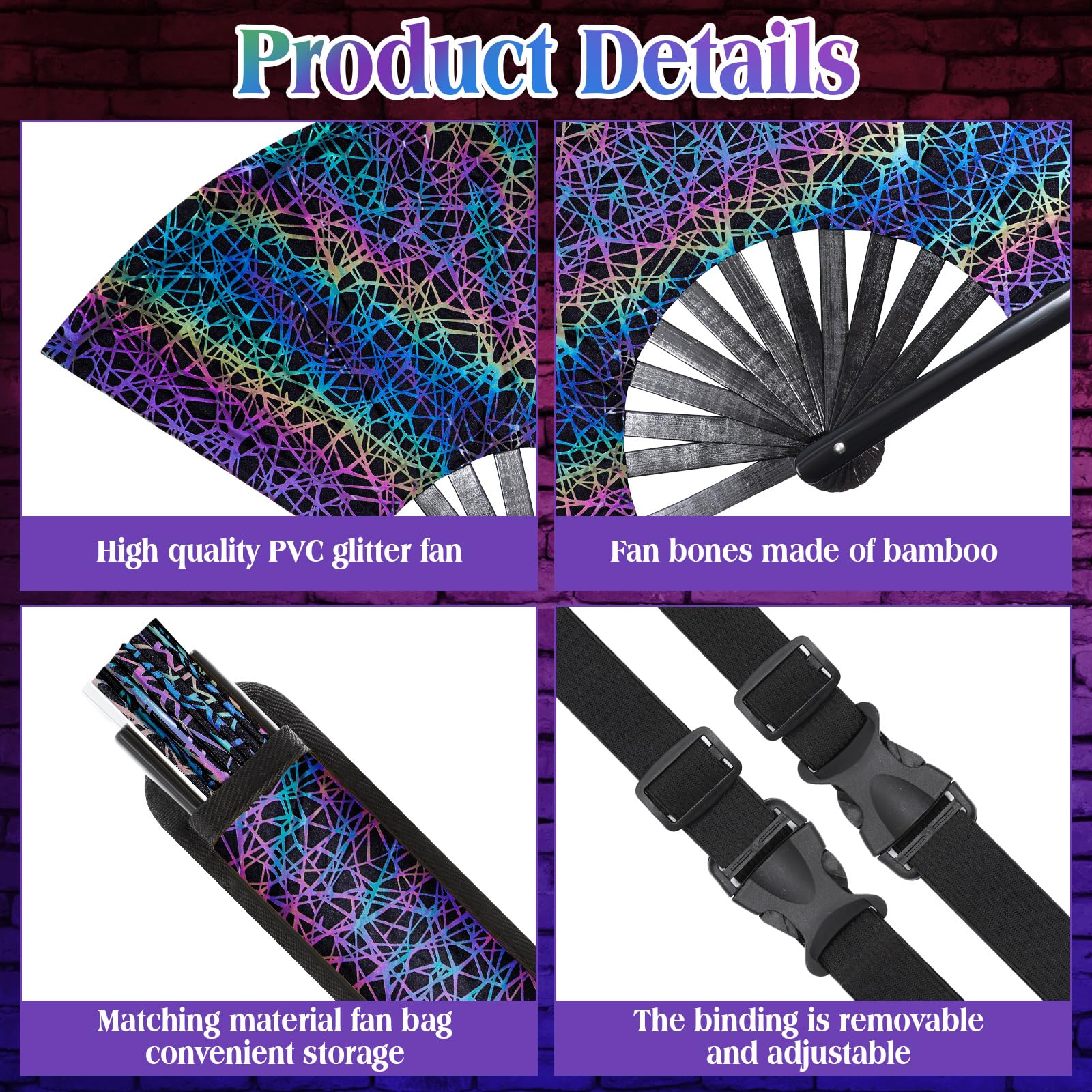 UV Glow Hand Fan for Rave & EDM Festivals - Large Reflective Ripple Design with Holster - Perfect for Men & Women - Essential Disco Party Accessory for Clubs, Concerts & Nightlife Events