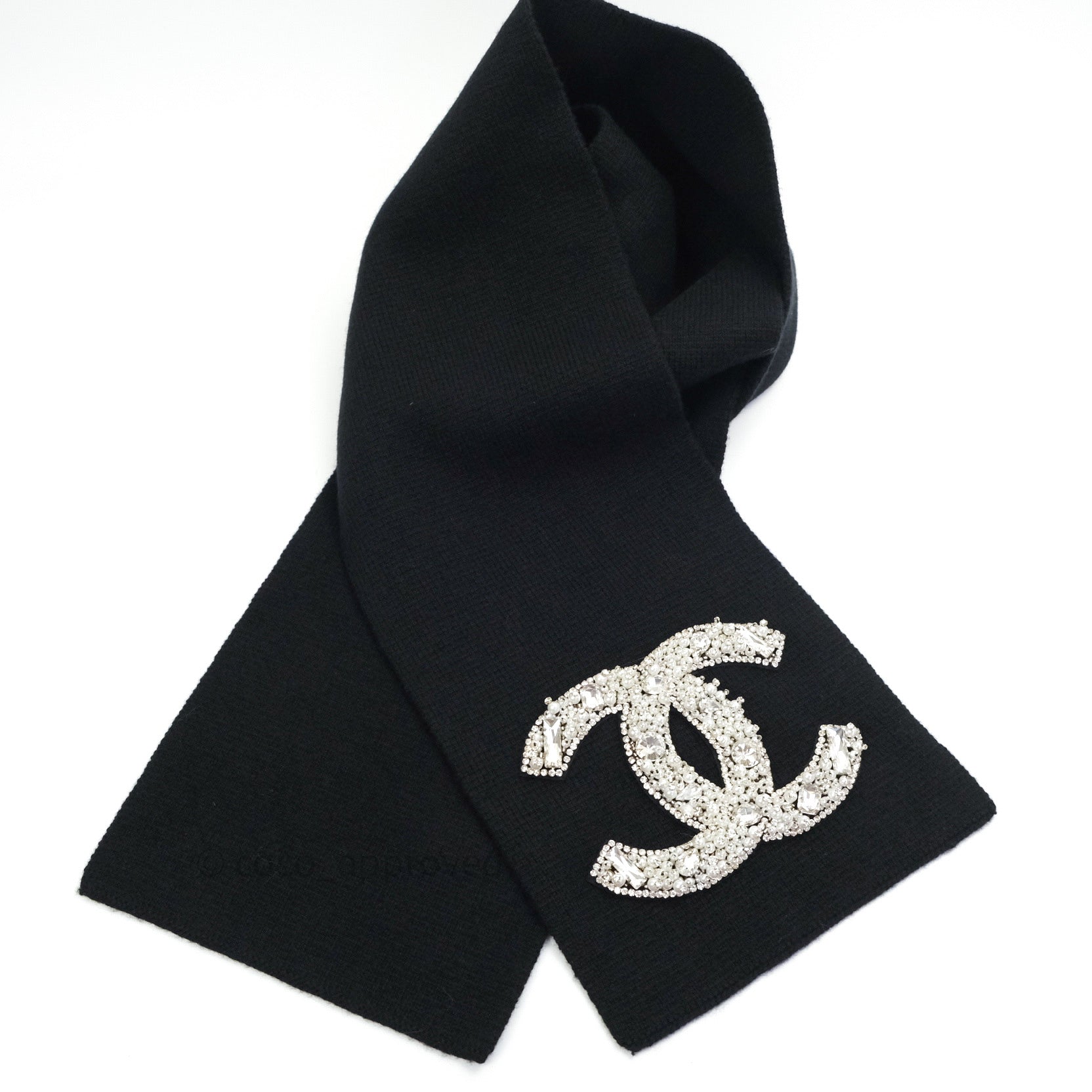 Chanel Black Cashmere Scarf with Glass Pearls & Diamante - Luxury Winter Accessory for Women, Perfect for Parties & Formal Events