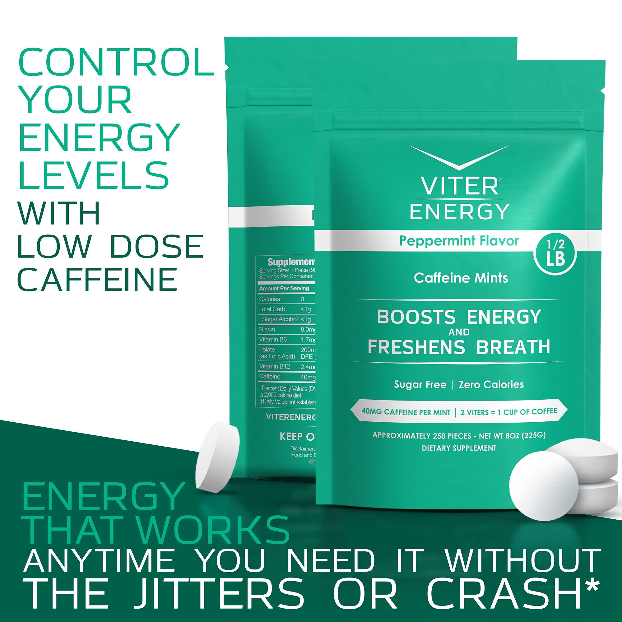 Viter Energy Caffeinated Mints - 40mg Caffeine Per Mint with B Vitamins, Sugar Free, Peppermint Flavor - 8oz Bulk Bag for Energy Boost at Work, Gym or Travel