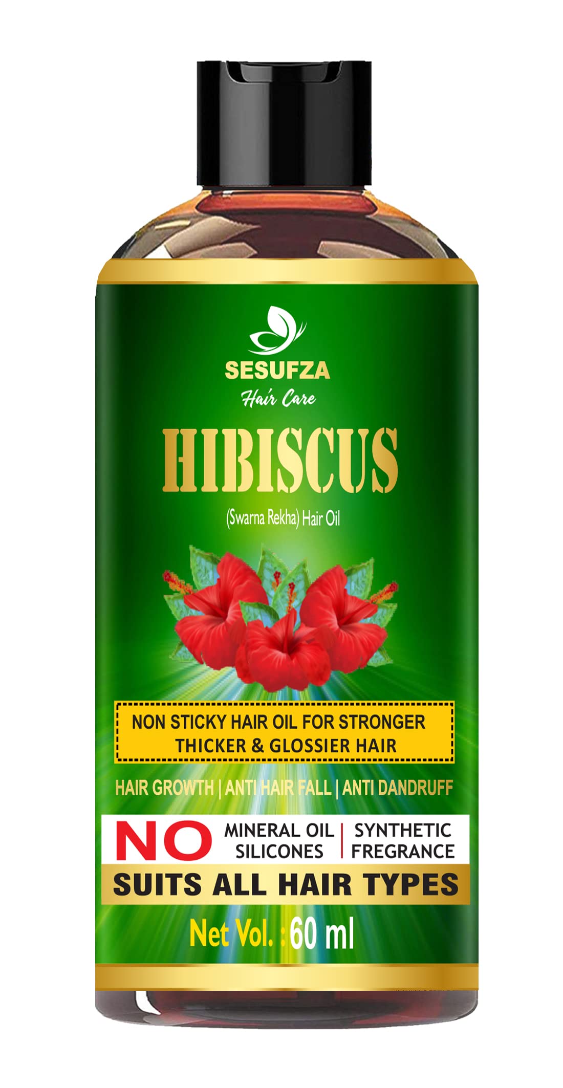 SESUFZA Hibiscus Hair Oil for Women & Men - 60ml Natural Hair Growth Treatment with Organic Ingredients - Perfect for Dry, Damaged Hair & Scalp Care at Home or Salon