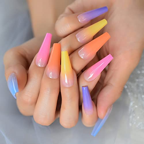 Long Rainbow Fake Nails Coffin Ombre Press On Nails - Clear Gradient Glossy Full Cover Acrylic Nail Tips for Women - Manicure Tools for Parties, Weddings & Special Occasions