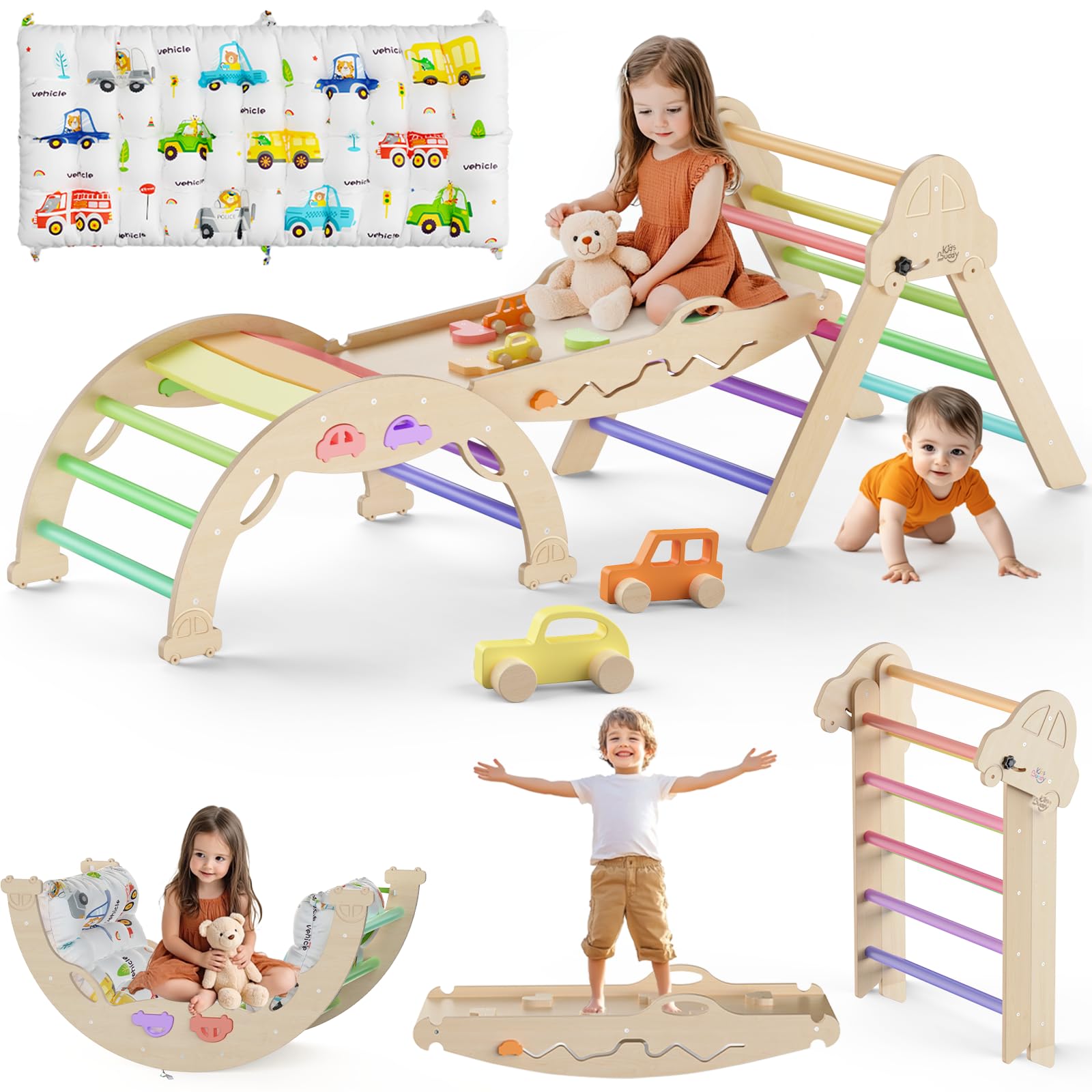 Foldable Pikler Triangle Set with Cushion - 9-in-1 Montessori Climbing Toys for Toddlers 1-3 Years | Indoor Wooden Play Gym with Maze, Shape Sorter & Car Toys | Perfect for Home Playrooms, Daycares & Montessori Learning Spaces