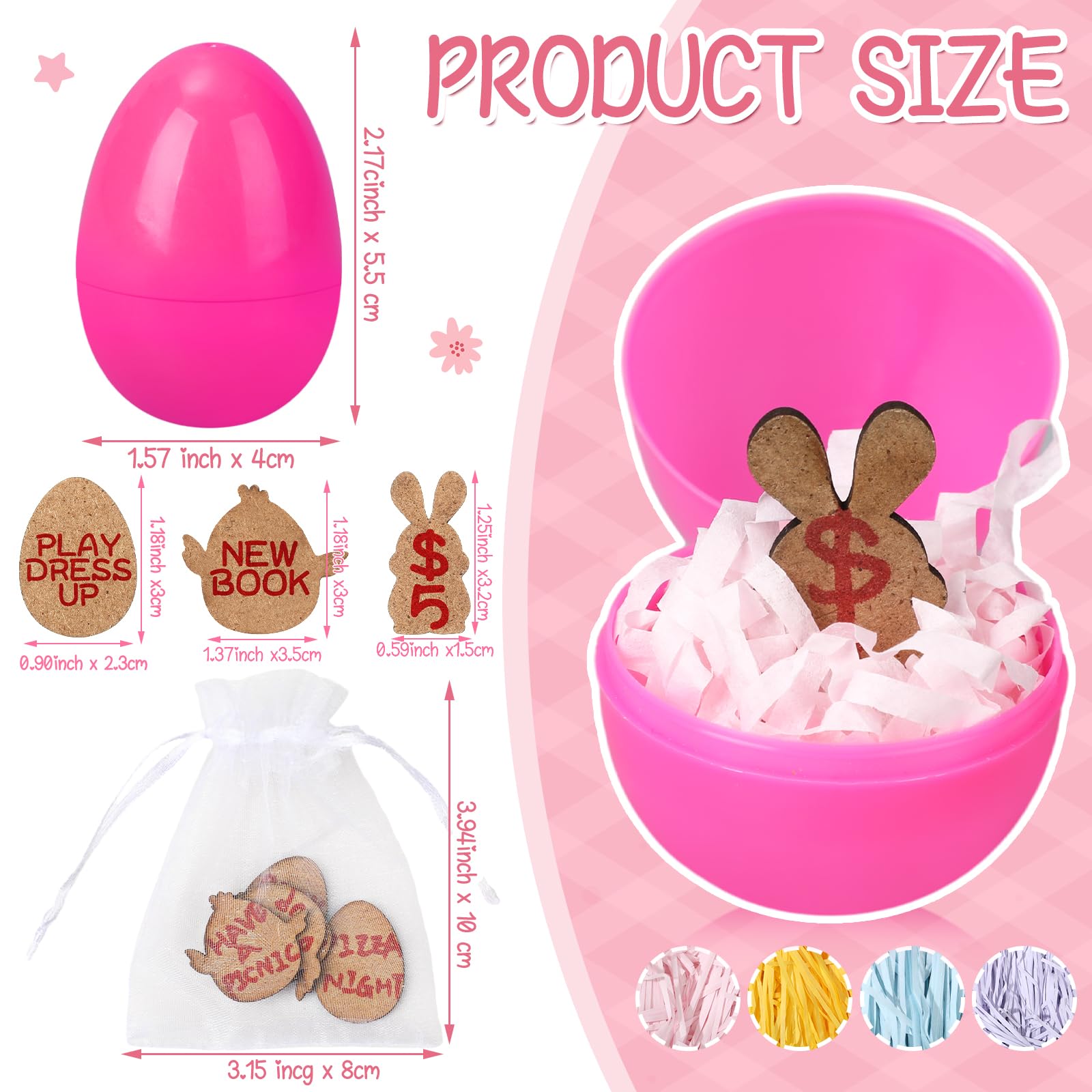 Hoolerry 48 Pack Easter Egg Tokens Set - Plastic Easter Eggs with Wooden Reward Tokens, Easter Grass & Raffia Paper Shreds - Easter Egg Hunt Prizes & Party Favors with Organza Bags - Perfect for Easter Celebrations, Classroom Rewards, and Kids' Party Games
