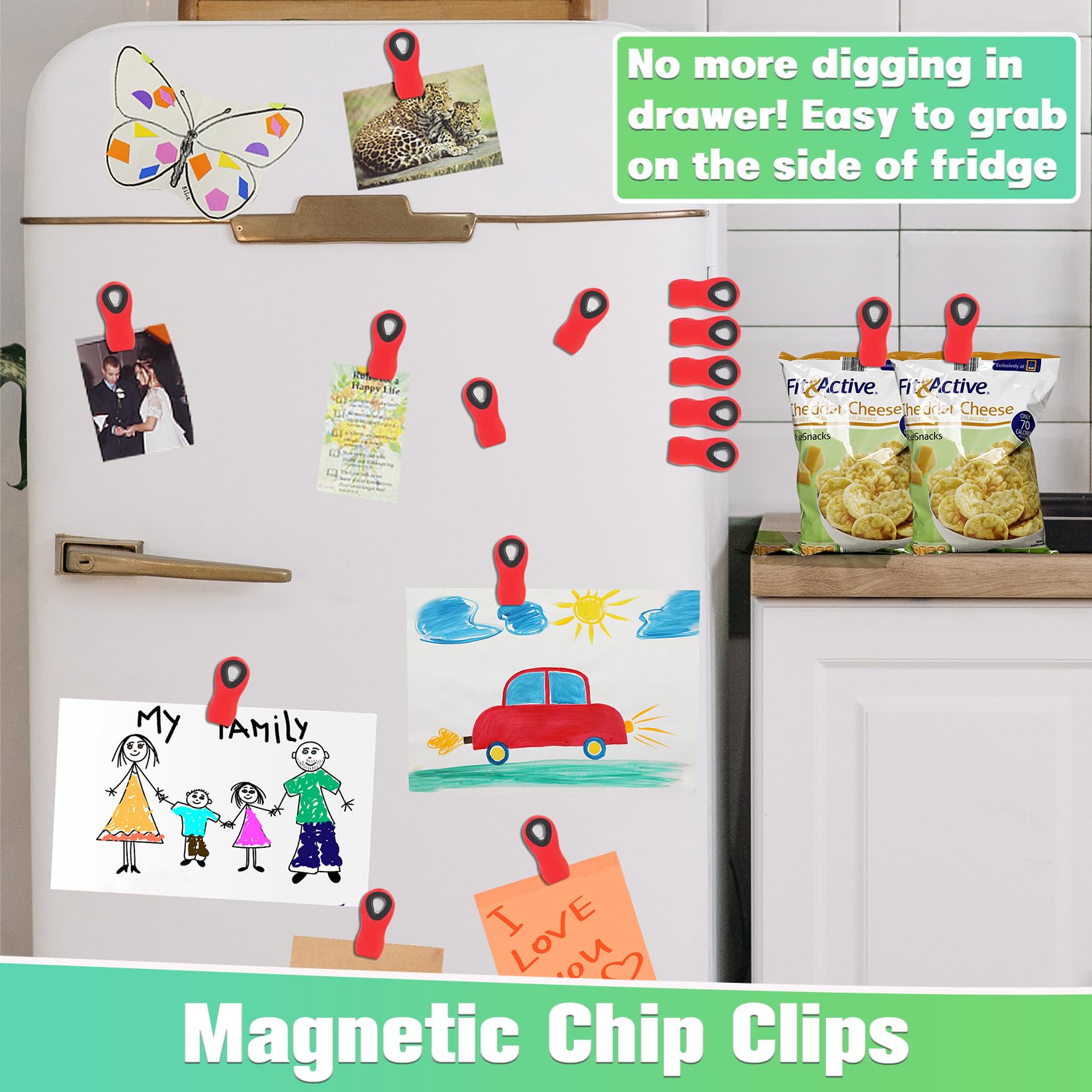 12 Pack Magnetic Food Bag Clips for Kitchen & Refrigerator - Strong Plastic Storage Clips for Chips, Snacks & Sealed Packages (Red) - Perfect for Pantry Organization & Food Freshness