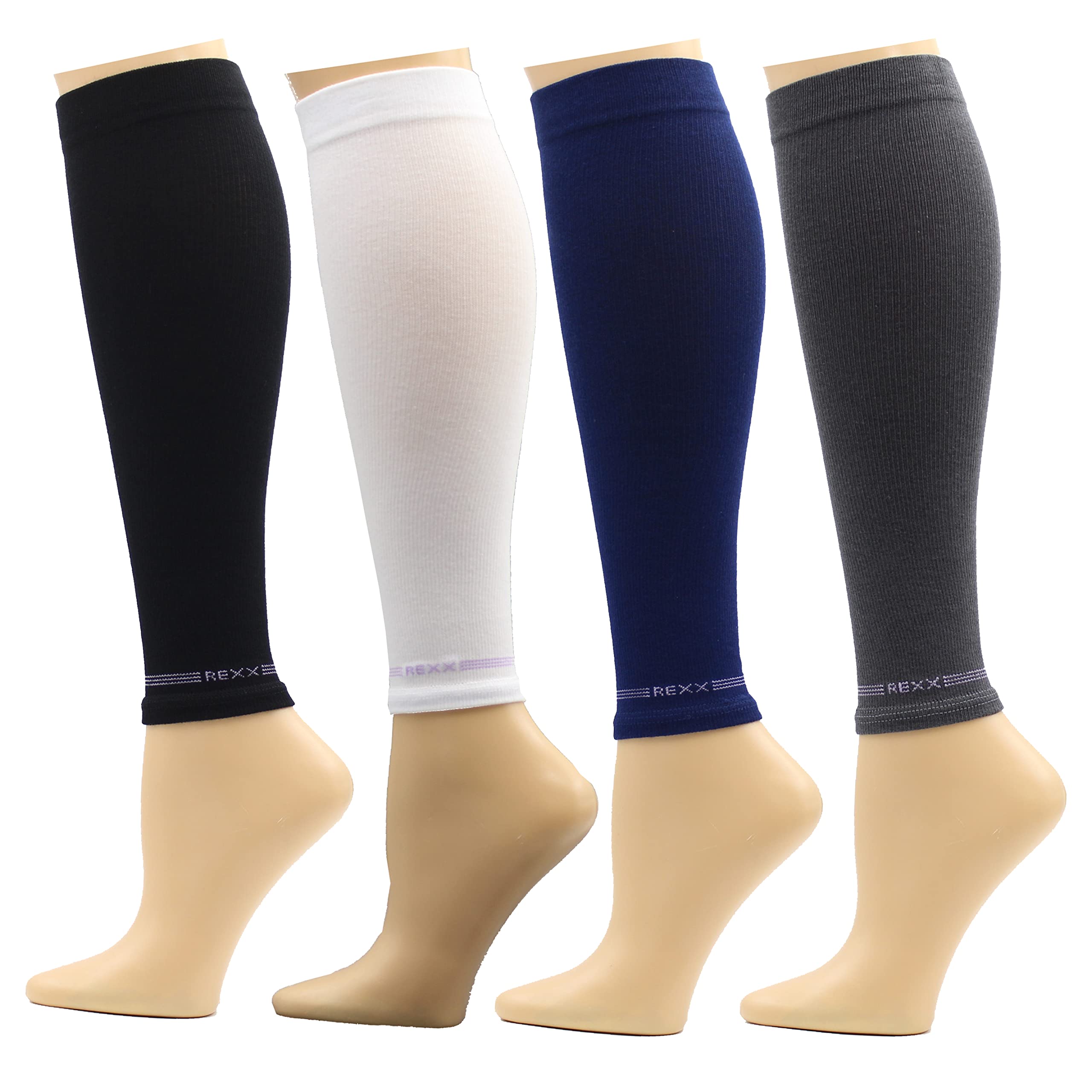 REXX 4 Pairs Calf Compression Sleeves for Men & Women - Breathable Cotton Blend Leg Support Sleeves for Running, Cycling & Workout - Footless Compression Socks for Shin Splints & Muscle Recovery