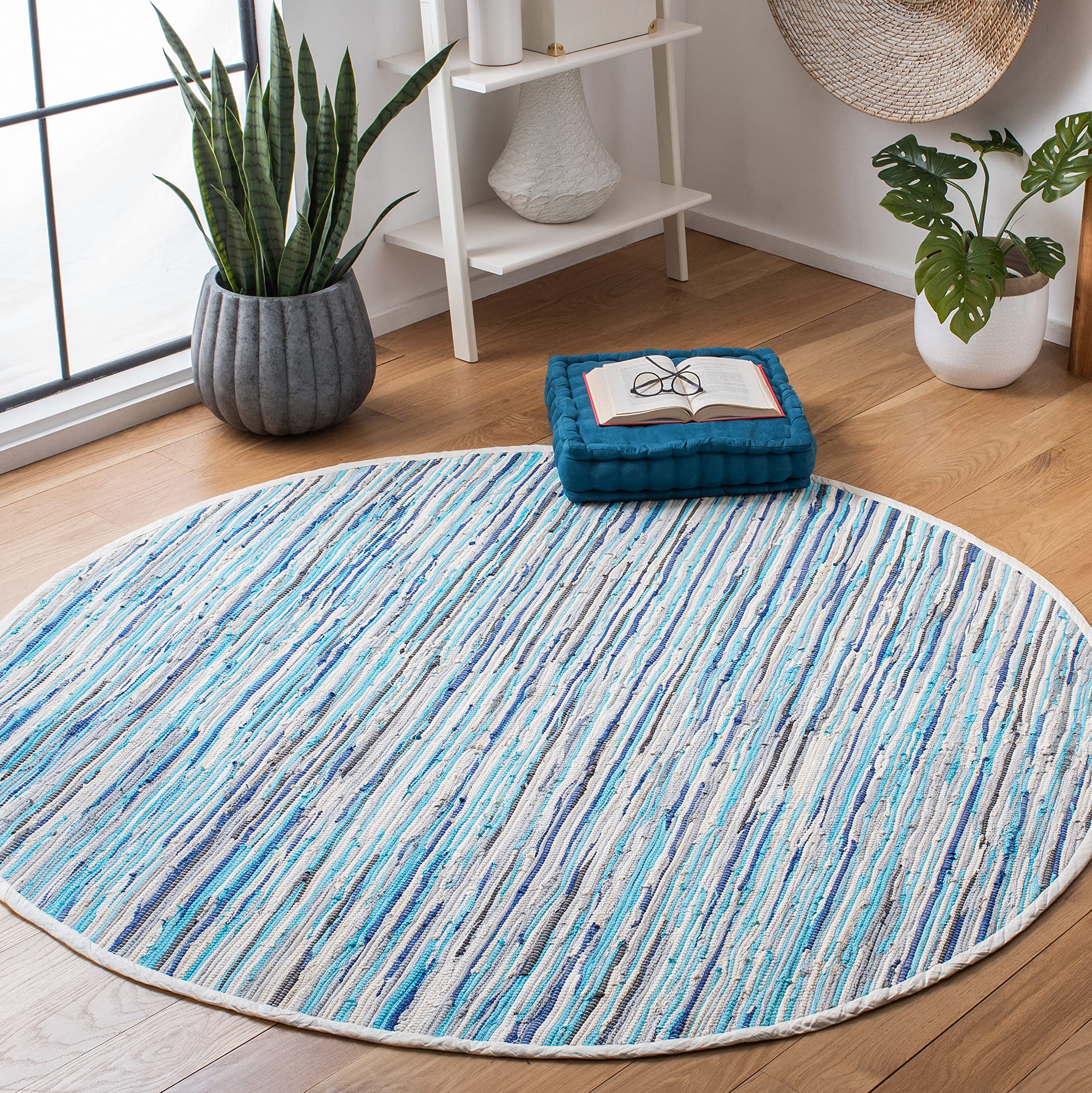 SAFAVIEH Handmade Boho Stripe Cotton Rag Rug - 6' Round Area Rug in Turquoise & Multi Colors, Durable for High Traffic Areas, Perfect for Living Room, Bedroom & Boho Home Decor (RAR129C)