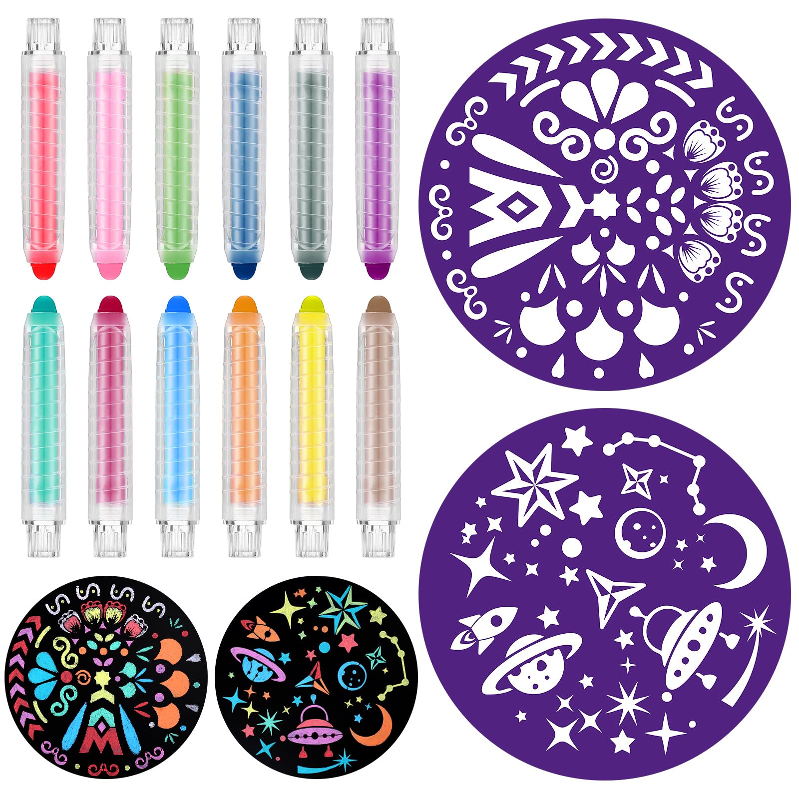 Qeeenar 14-Piece Mandala Stencil Kit for Sidewalk Chalk Art - 20 Inch Diameter Templates with 12 Colorful Chalks & Holders (Stars/Geometric Designs) - Perfect for Outdoor Family Fun, Kids Activities & DIY Street Art