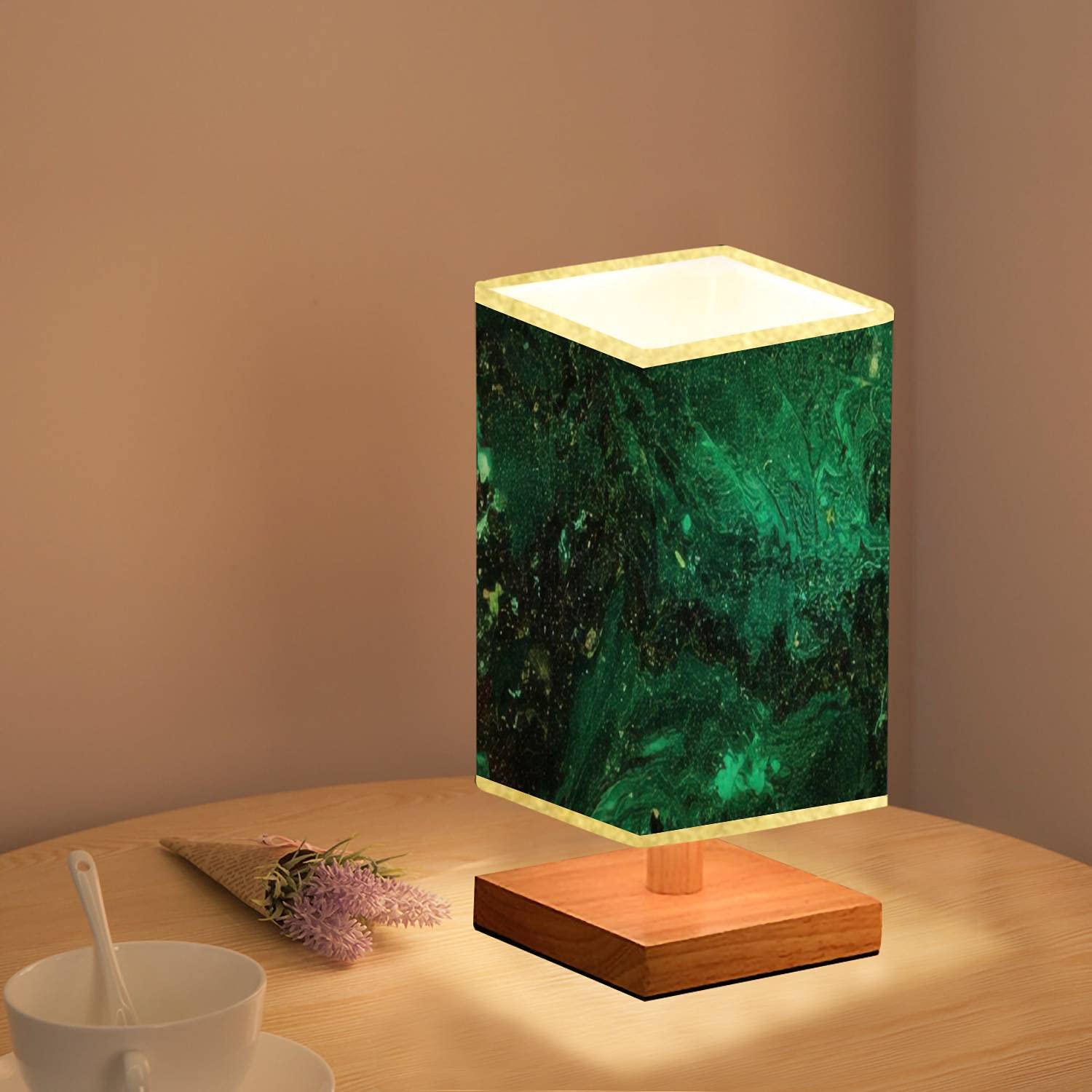 Abstract Emerald Green & Black Marble Texture Dimmable Nightstand Lamp with Wooden Base & Flaxen Fabric Shade - Perfect for Bedroom, Living Room & Office Lighting