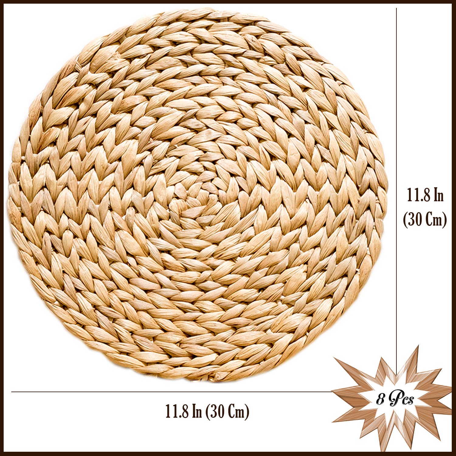 Boho Placemats Set of 8 - Round Woven Water Hyacinth Wicker & Straw Placemats for Dining Table - 11.8 Inch Natural Fiber Table Mats - Perfect for Farmhouse, Rustic, or Coastal Home Decor