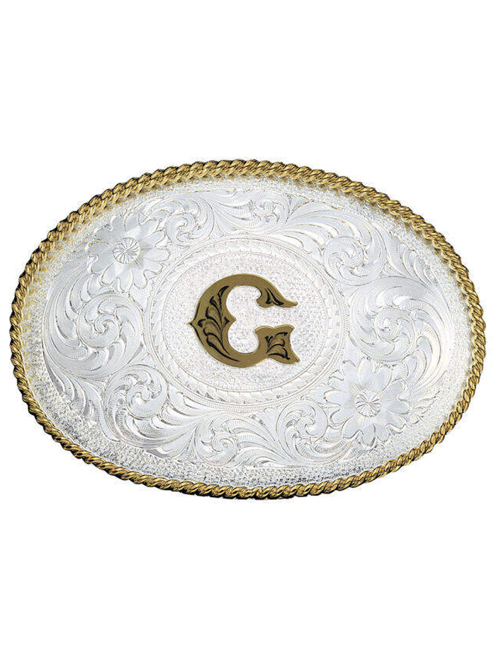 Montana Silversmiths 700 Initial Silver Engraved Gold Trim Western Belt Buckle for Men & Women - Perfect for Cowboy Boots, Jeans & Western Outfits