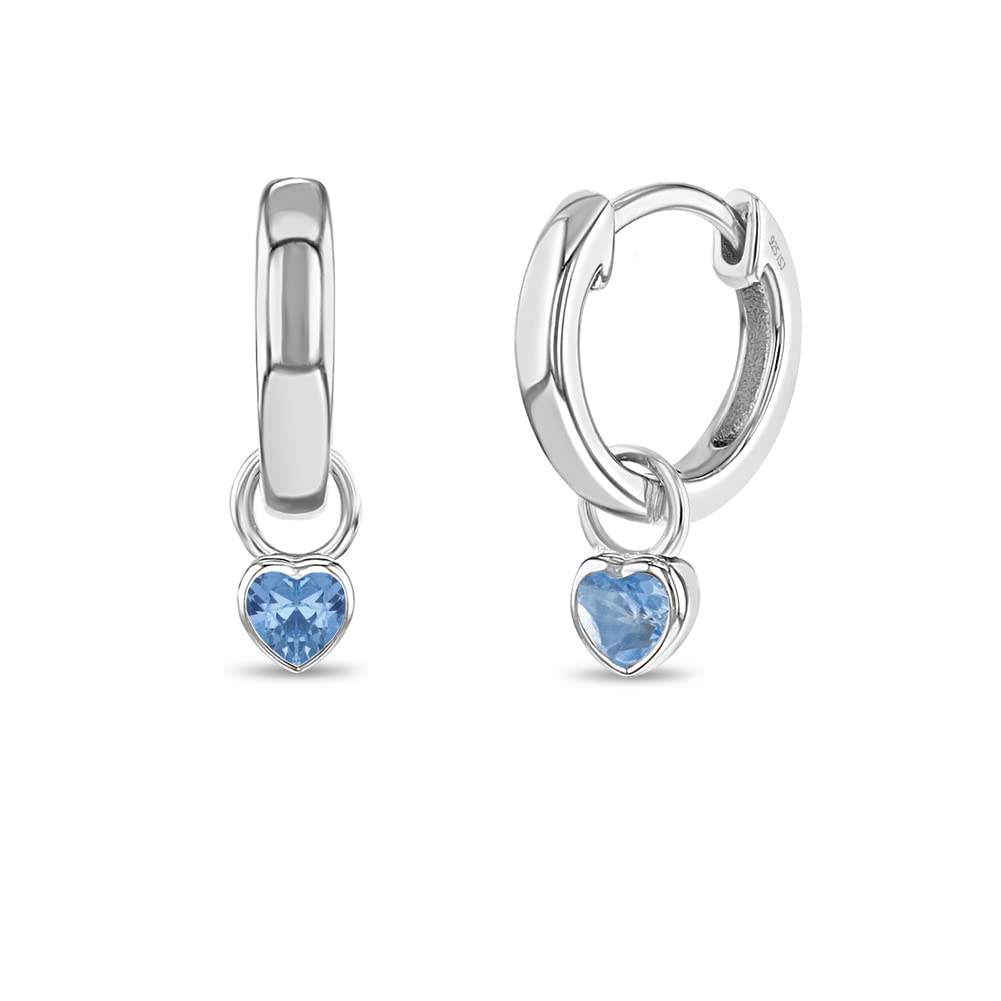 925 Sterling Silver Petite Simulated Birthstone Heart Charm Hoop Earrings for Girls 12mm - Cubic Zirconia Stud Earrings - Dainty Birthstone Jewelry for Teens & Young Women - Perfect for Birthdays, Gifts & Everyday Wear