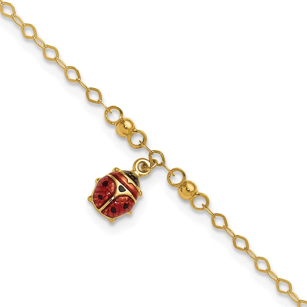 14K Yellow Gold Adjustable Ladybug Enamel Anklet - 10 Inch Cute Charm Ankle Bracelet for Women & Girls - Perfect for Summer, Beach, and Everyday Wear