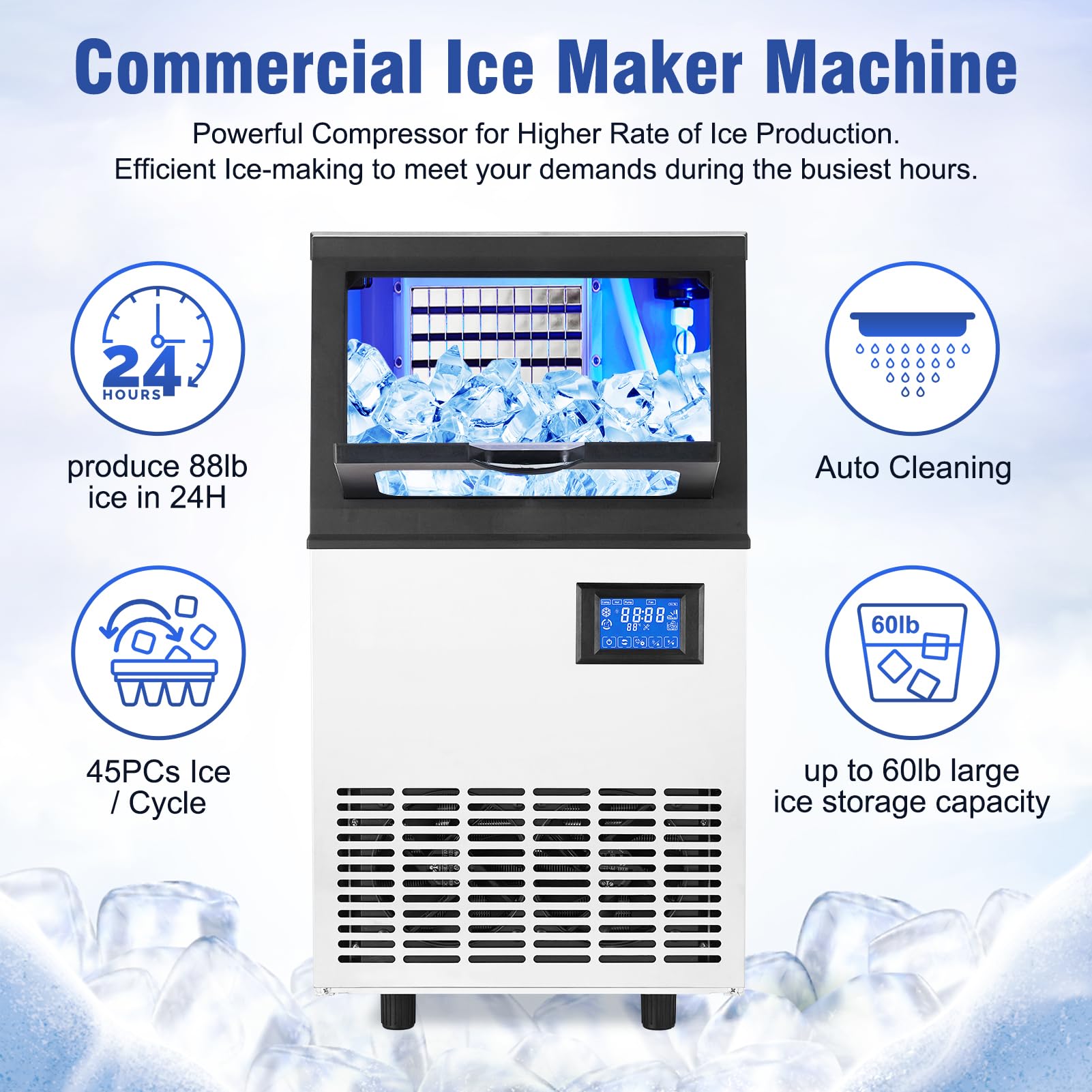 Commercial Ice Maker Machine - 90LBS/24H, 33LBS Storage Bin, Makes 4x10 Cubes in 15 Mins, 210W 120V Stainless Steel, Self-Cleaning - Perfect for Home Bars, Restaurants, and Outdoor Parties