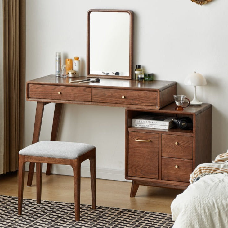 Solid Oak Wood Extendable Dressing Table - Walnut Finish | Elegant Vanity Desk for Bedroom, Makeup Station & Home Decor