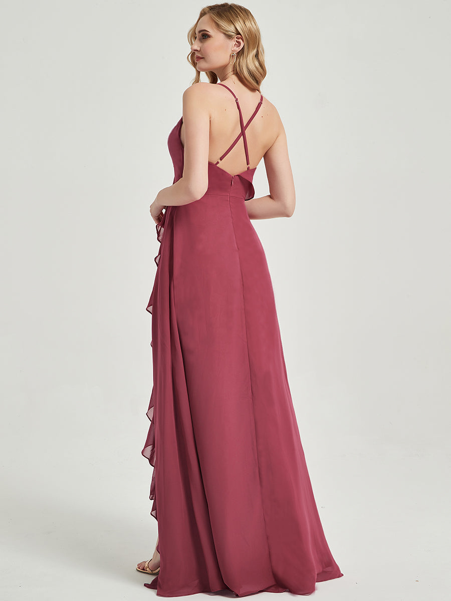 Elegant Cinnamon Rose Chiffon Bridesmaid Dress with Criss-Cross Straps, Ruffles & High Slit - Perfect for Weddings, Formal Events & Special Occasions