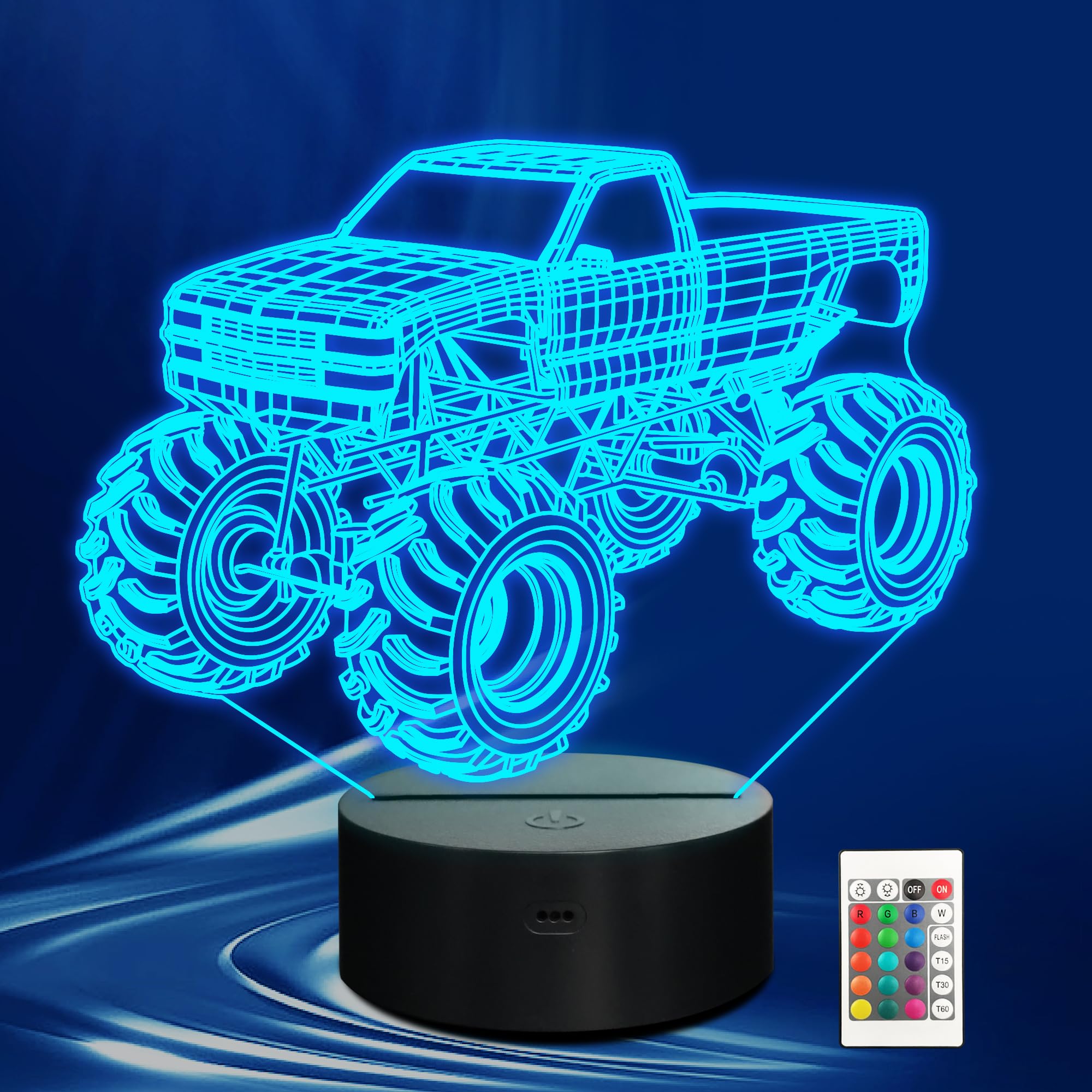 3D LED Monster Trucks Night Light with Remote Control & Timer - Cool Optical Illusion Lamp for Boys, Kids & Teens | Perfect Christmas & Birthday Gift | Bedroom Decor, Kids Room Lighting, Nighttime Comfort