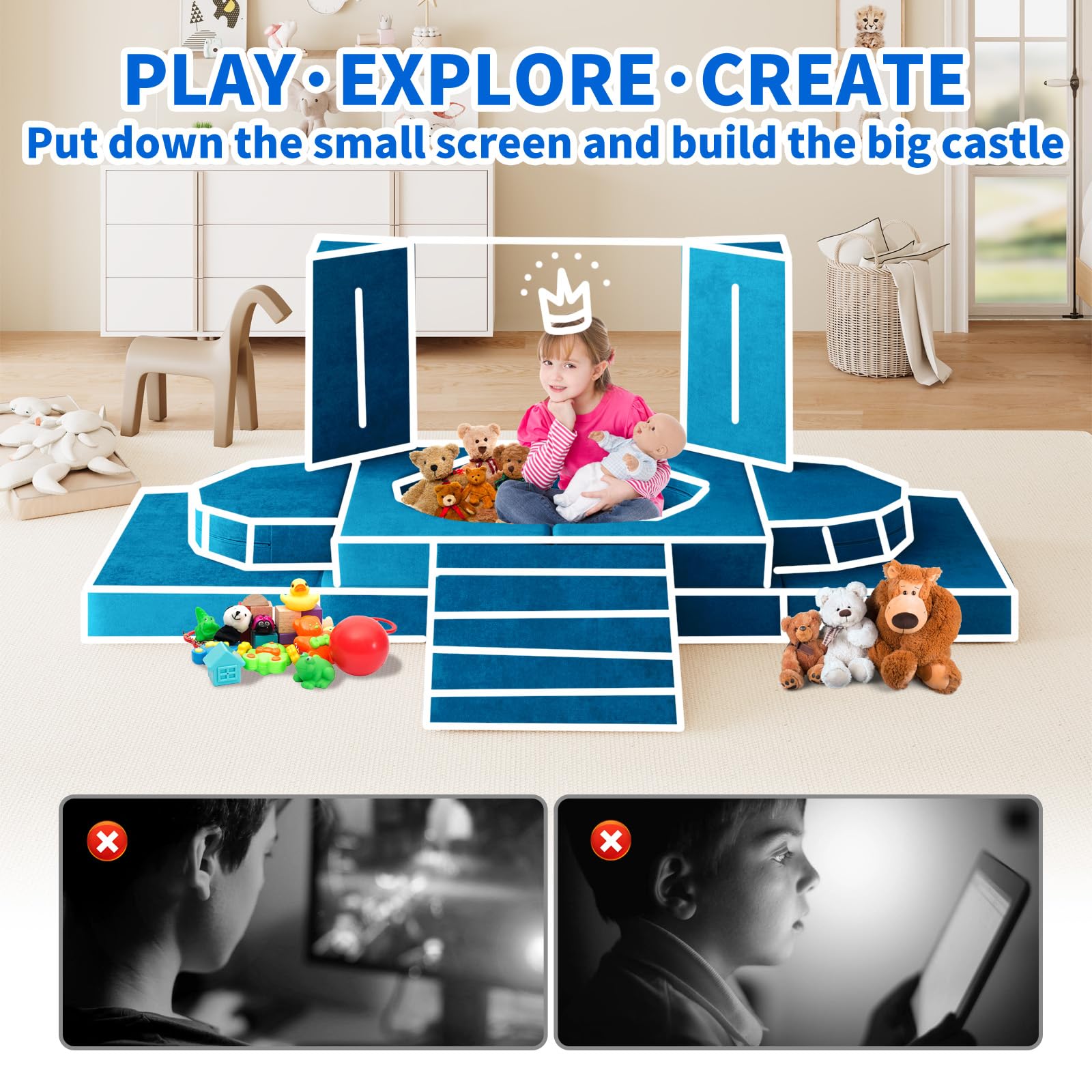 10PCS Modular Kids Play Couch with Climbing Slope - 10-in-1 Toddler Sofa for Playing, Creativity & Sleeping - Indoor Children's Furniture for Boys & Girls (Blue) - Perfect for Playrooms, Bedrooms & Daycare Centers