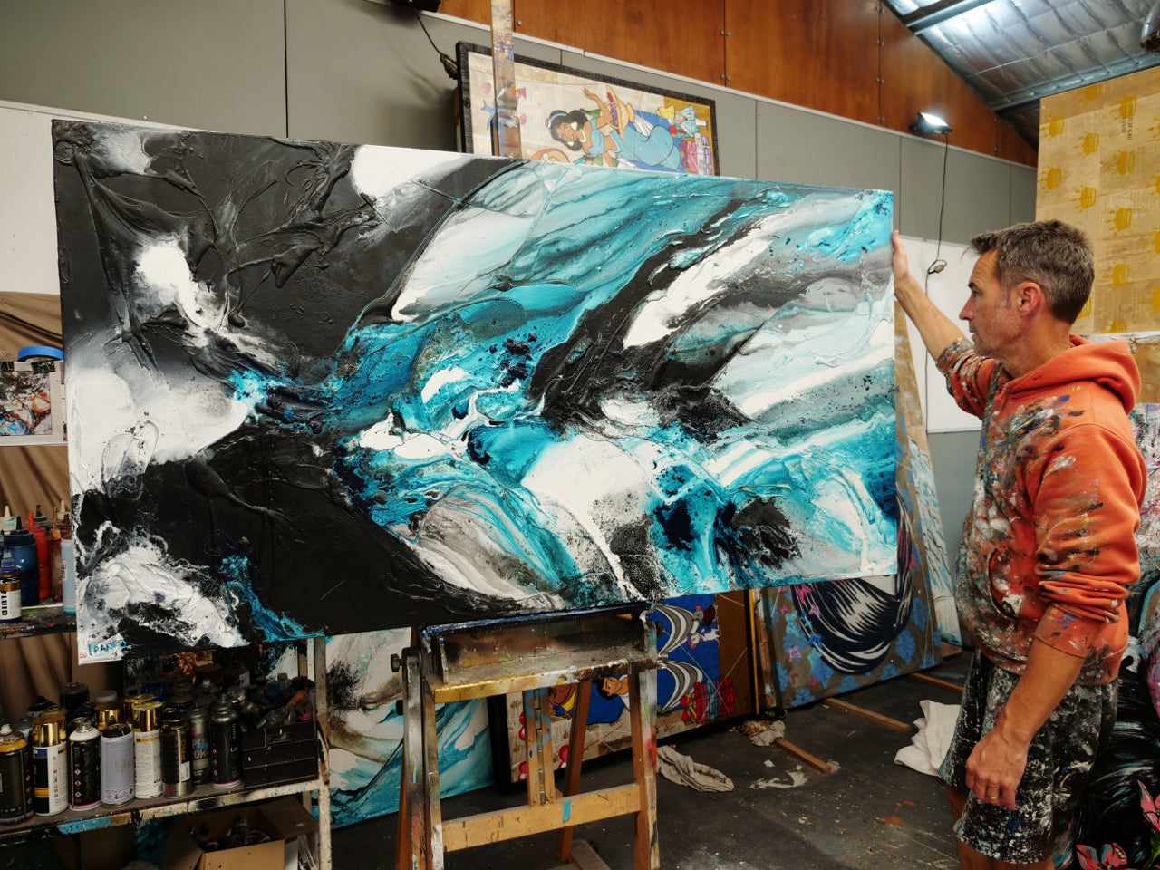Southern Nero 190cm x 100cm Black Teal White Textured Abstract Canvas Art - Modern Wall Decor for Living Room, Bedroom & Office