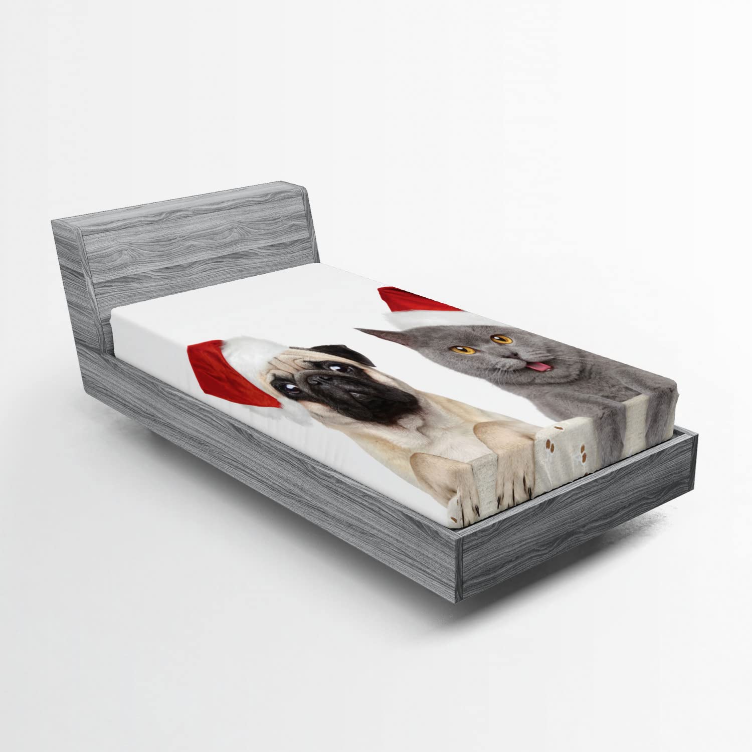 Ambesonne Pug Fitted Sheet, Christmas Dog & Cat Print, Twin XL, Grey Cream Red - Cozy Holiday Bedding
