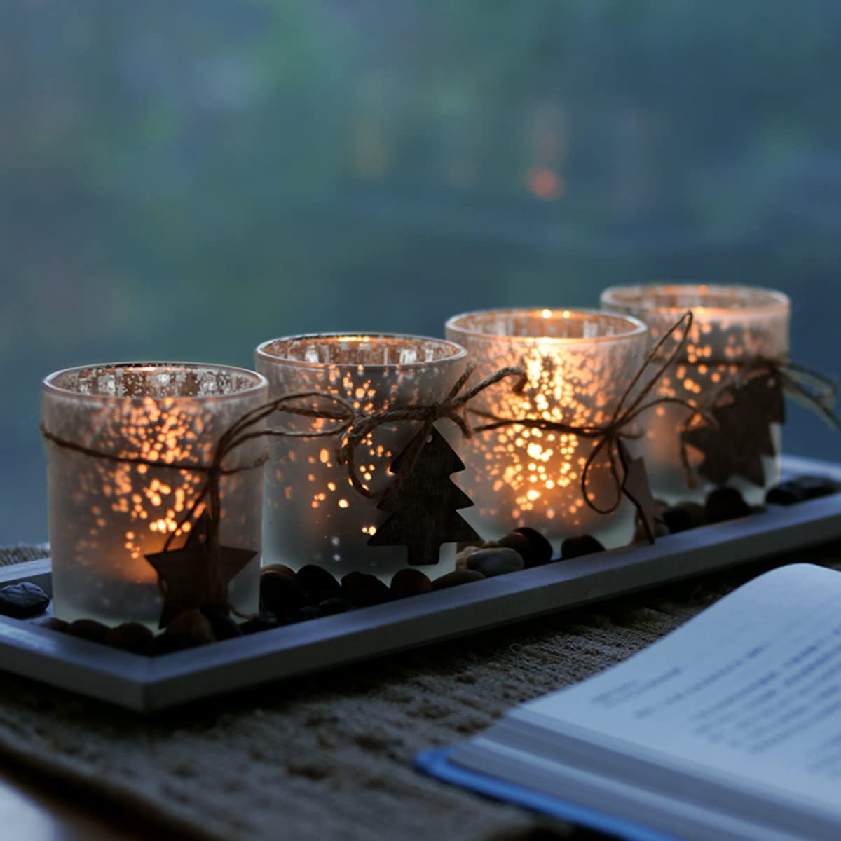 4-Piece Glass Candle Holder Set with Tray - Christmas Tealight Centerpiece for Dining Table & Living Room Decor