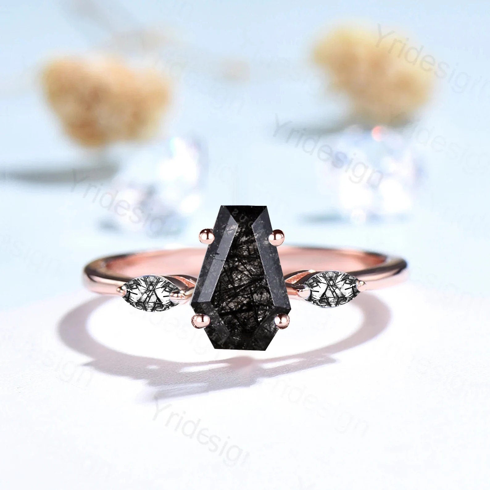 Minimalist Coffin Shaped Black Rutilated Quartz Ring with Dainty Marquise Black Tourmaline - Elegant Three Stone Wedding Band, Unique Proposal Gift for Women | Perfect for Engagement, Anniversary & Alternative Jewelry Lovers