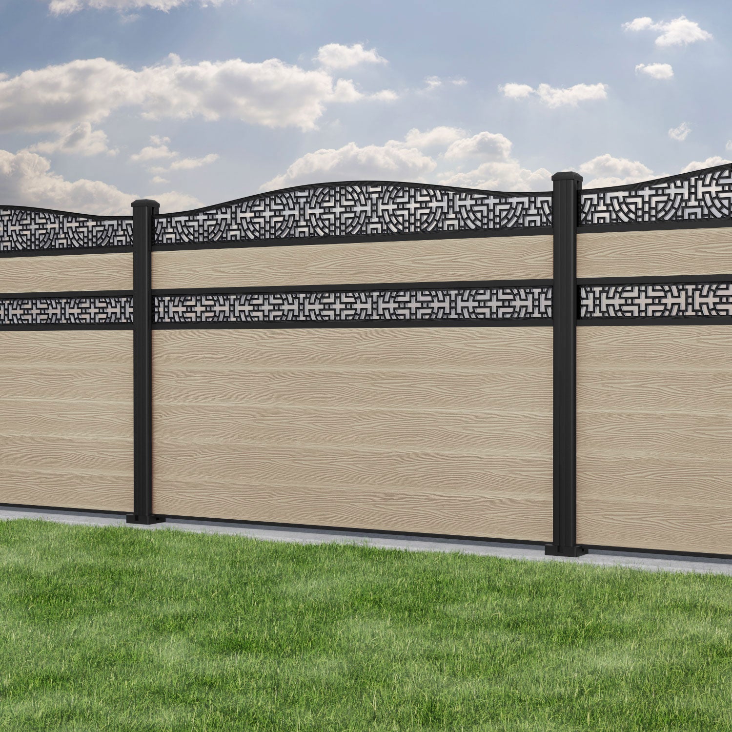 Classic Kumo Curved Top Split Screen Fence Panel - Light Oak Finish with Aluminum Posts - Perfect for Backyard Privacy, Garden Decoration & Patio Partitioning