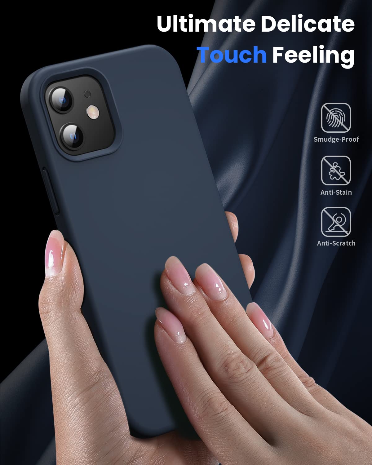 OuXul Liquid Silicone Gel Case for iPhone 12/12 Pro (6.1 inch) - Slim Soft Protective Phone Cover with Microfiber Lining | Navy Blue | Perfect for Everyday Use, Work & Travel Protection