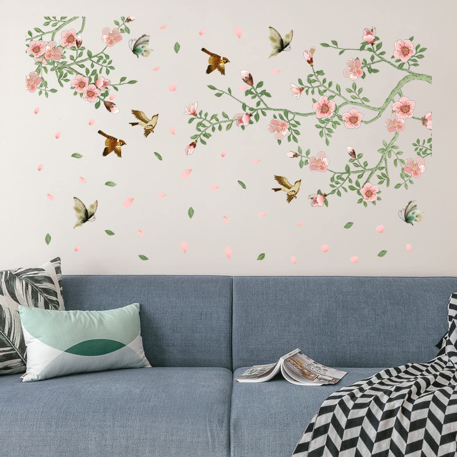 Floral and Bird Wall Decals - Self-Adhesive Peel & Stick Wall Stickers for Living Room, TV Background, Home Decor | Easy DIY Wall Mural for Bedroom, Nursery, Office