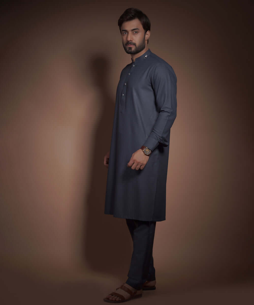 Premium Charcoal Grey & Blue Kurta for Men - Stylish Textured Cotton Kurta for Casual Wear, Festivals & Special Occasions