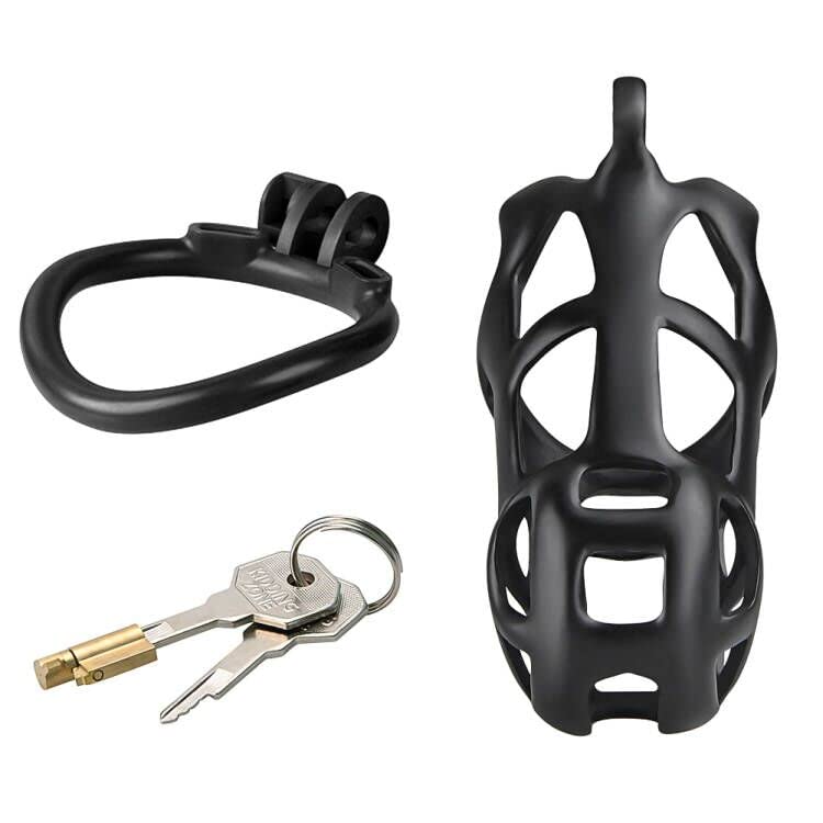 Premium Male Chastity Device - Adjustable Cock Cage with 4 Sizing Rings for Penis Training & BDSM Play | Comfortable Resin Chastity Lock | Perfect for Couples Bonding & Male Enhancement (Black)