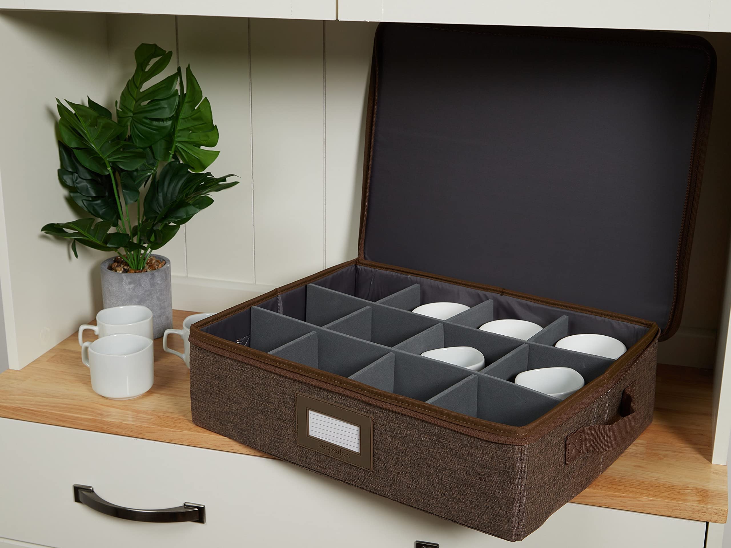 Covermates Keepsakes Dish Storage Box – Stackable Organizer with Reinforced Handles for China & Fine Dining Sets, Brown Heather | Perfect for Kitchen Organization, Holiday China Storage & Buffet Serving