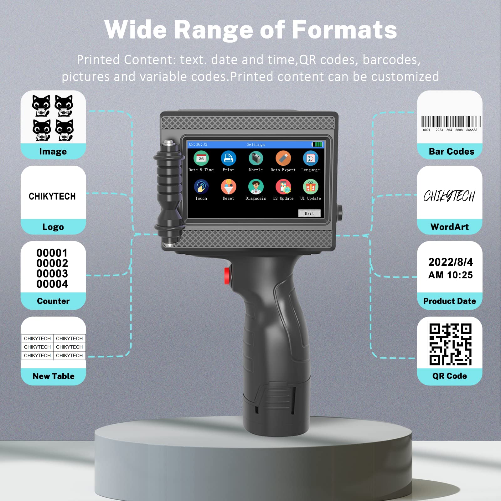 CHIKYTECH ZK-1690 Portable Handheld Inkjet Printer with 4.3