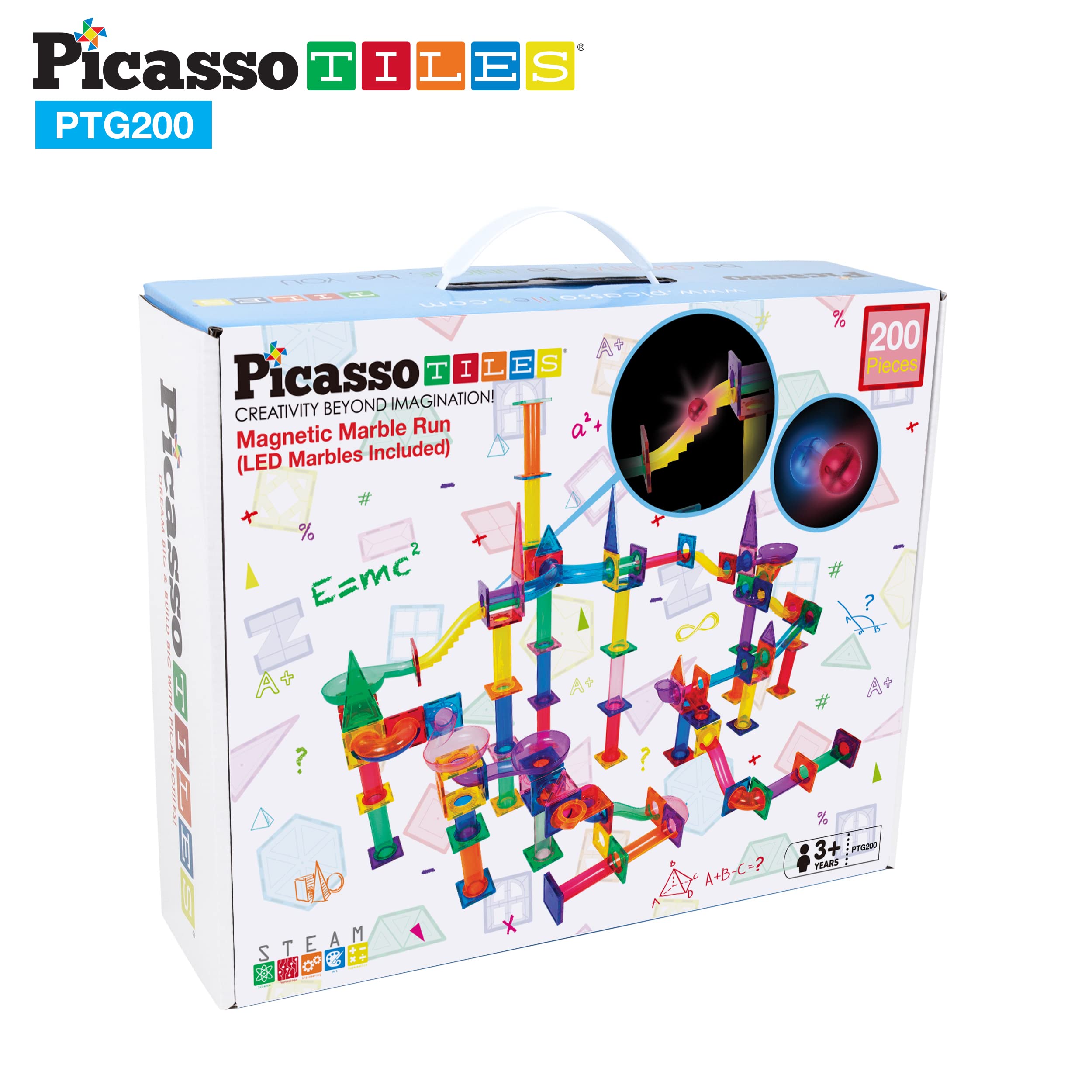 PicassoTiles 200-Piece Magnetic Marble Run Set - STEM Educational Building Blocks for Kids Ages 3+, Marble Maze Race Track Toy with Sensory Marbles for Toddlers - Perfect for Indoor Play, Birthday Gifts & Early Learning Activities