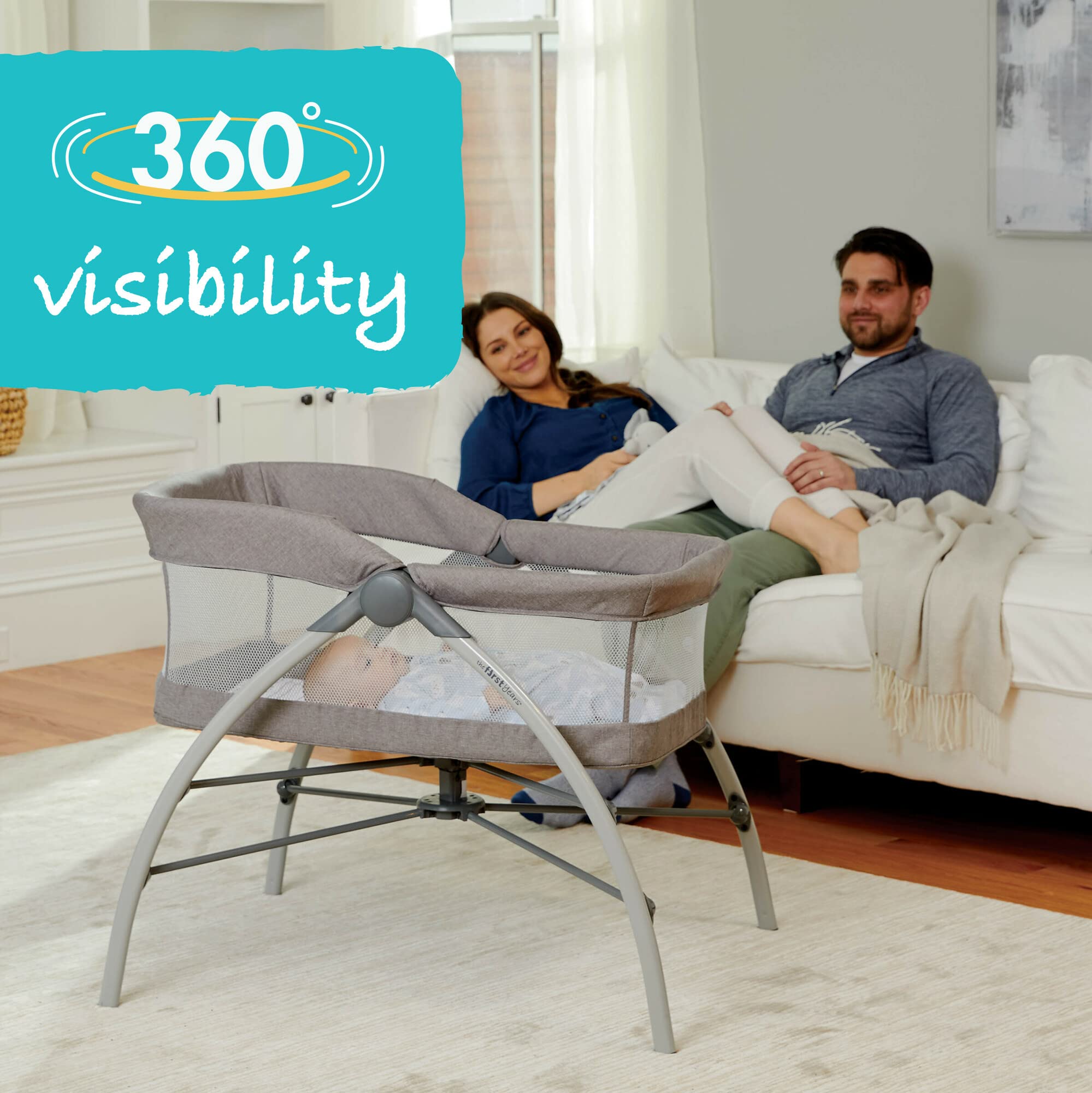 The First Years First Dreams Folding Baby Bassinet - Portable Travel Crib with Wheels - Adjustable Bedside Sleeper for Newborns & Infants - White - Perfect for Nursery, Bedroom & On-the-Go Parents