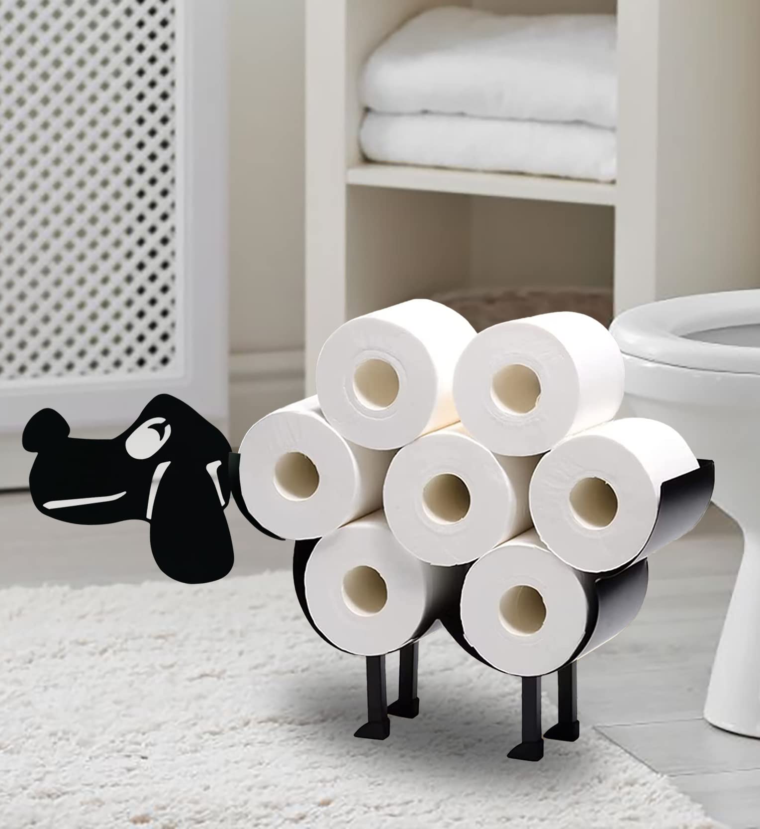 Black Metal Toilet Paper Holder Stand - Decorative Free-Standing Bathroom Tissue Organizer with 8-Roll Capacity - Cute Dog Design for Home & Office Use