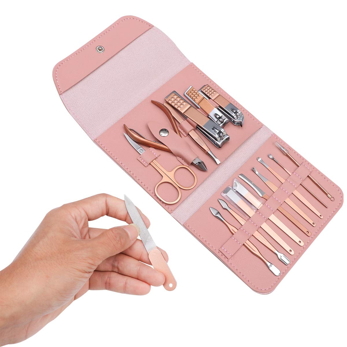 16-Piece Nail Grooming Kit - Professional Nail Clippers, Cuticle Cutter, Nail File & Fine Tooth Comb - Rose Gold Travel Manicure Set for Home & Salon Use