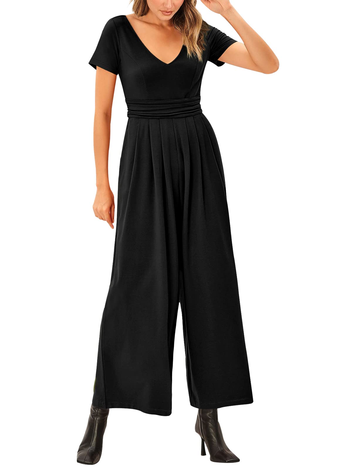 ANRABESS Women's Summer Jumpsuit - Casual Short Sleeve V-Neck Romper with Pleated High Waist & Wide Leg Pockets | Perfect for Beach Vacations, Brunch Dates, and Summer Outings