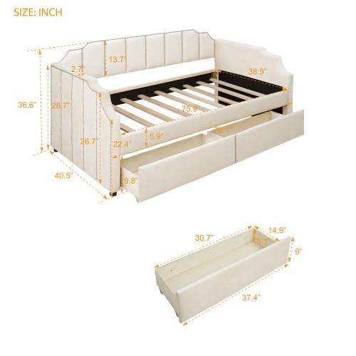 Twin Size Daybed Frame with 2 Drawers - Modern Upholstered Sofa Bed for Bedroom & Living Room, Beige | Space-Saving Sleeper Solution for Guest Rooms, Dorms & Small Apartments