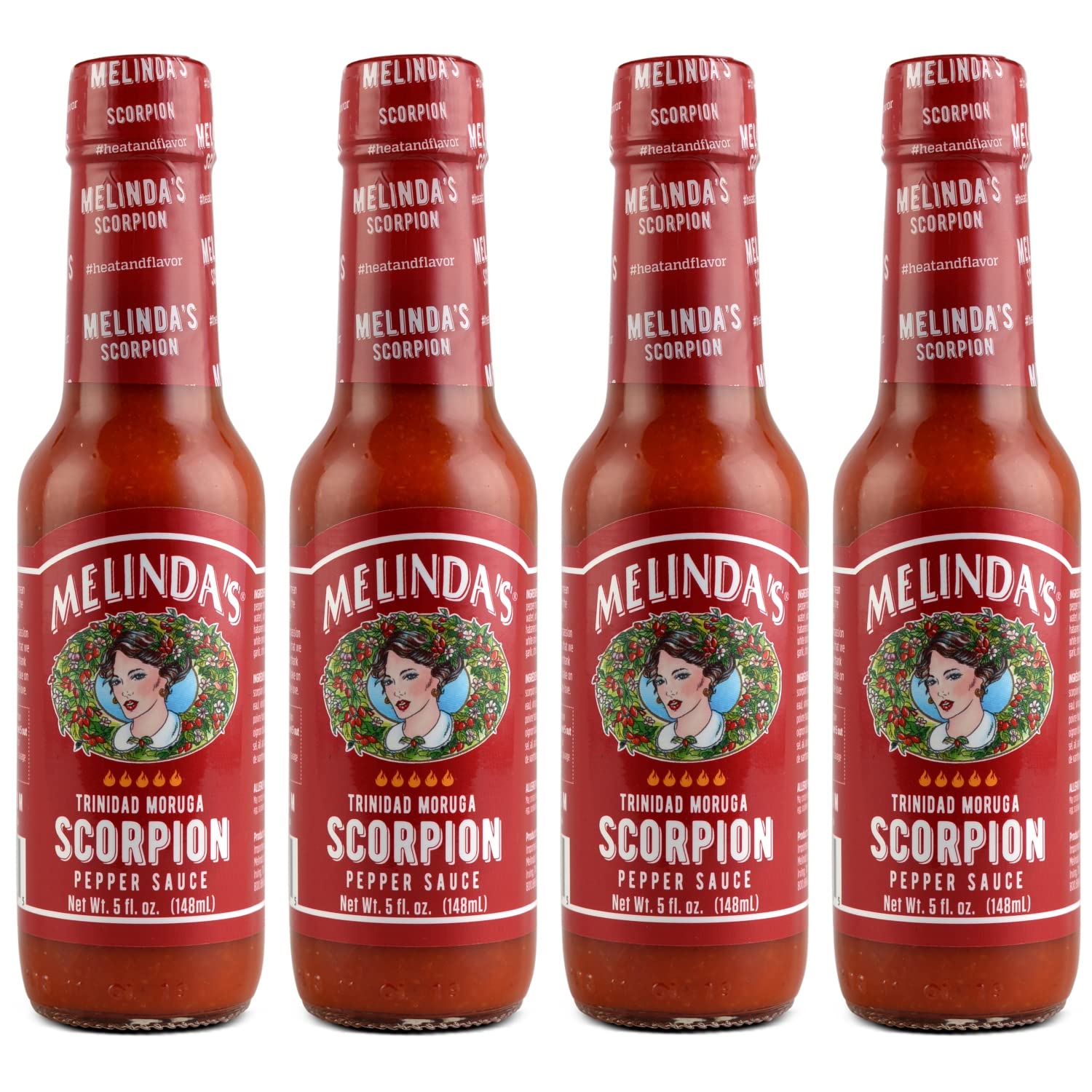 Melinda's Scorpion Pepper Hot Sauce - Gourmet Trinidad Moruga Scorpion Hot Sauce with Carrots, Onion & Lime Juice - Keto, Vegan, Gluten Free, Kosher Certified - 5oz Bottle (4-Pack) - Perfect for Tacos, Wings, Burgers & Spicy Food Lovers
