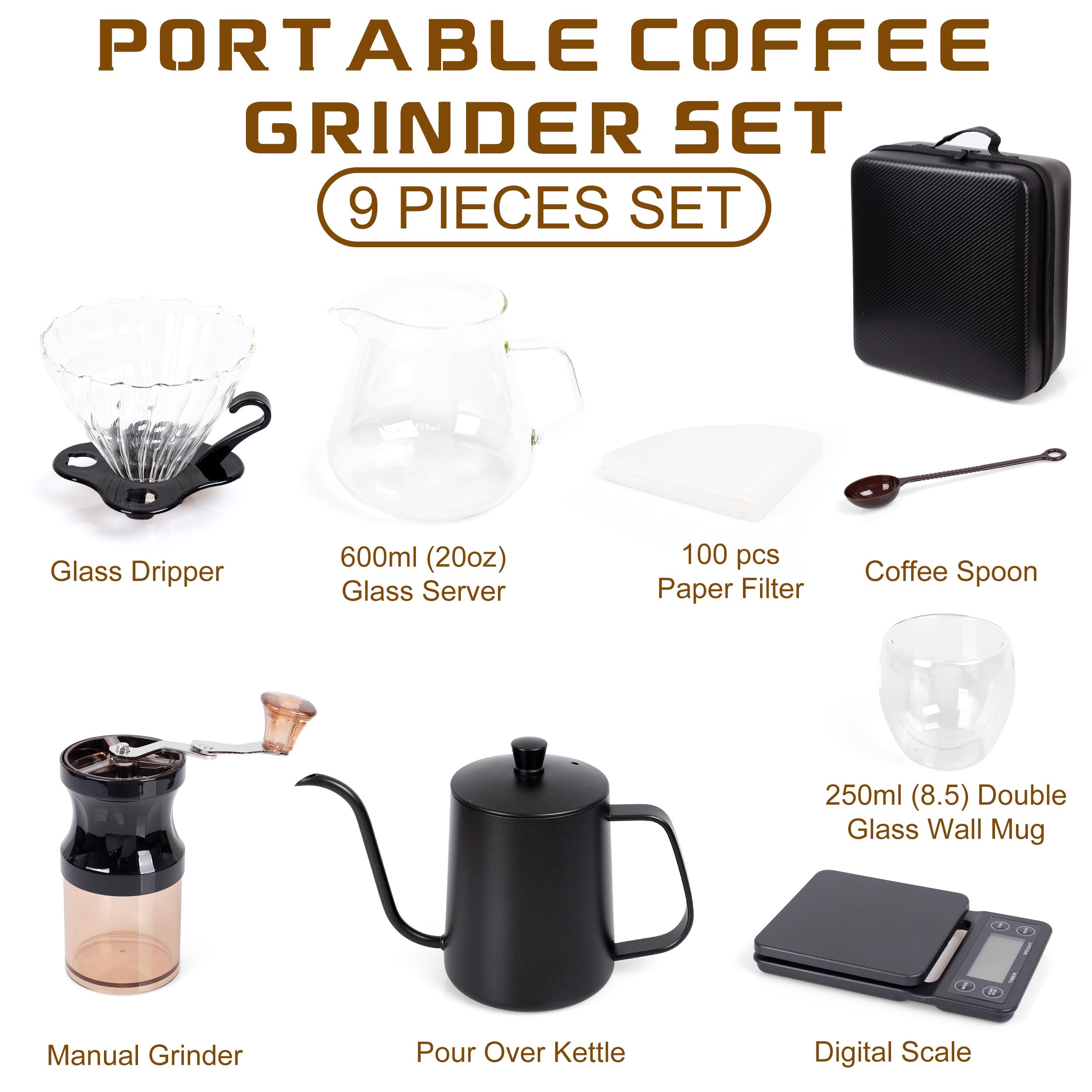 Premium 9-Piece Portable Pour Over Coffee Kit - Travel Coffee Maker Set with Serving Accessories | Perfect Gift for Coffee Lovers, Camping Trips & Office Use