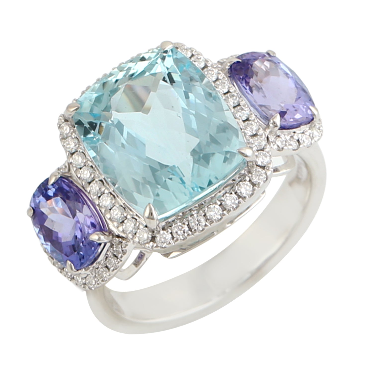 Exquisite Cushion Cut Aquamarine & Tanzanite Three Stone Ring with Pave Diamonds in 14K White Gold | Elegant Engagement, Anniversary & Wedding Jewelry Gift for Her