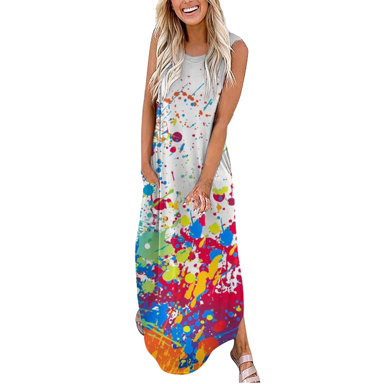 Women's Floral Print Beach Sundress - Casual Summer Dress with Round Neck & Pockets | Perfect for Vacations, Pool Parties & Outdoor Activities
