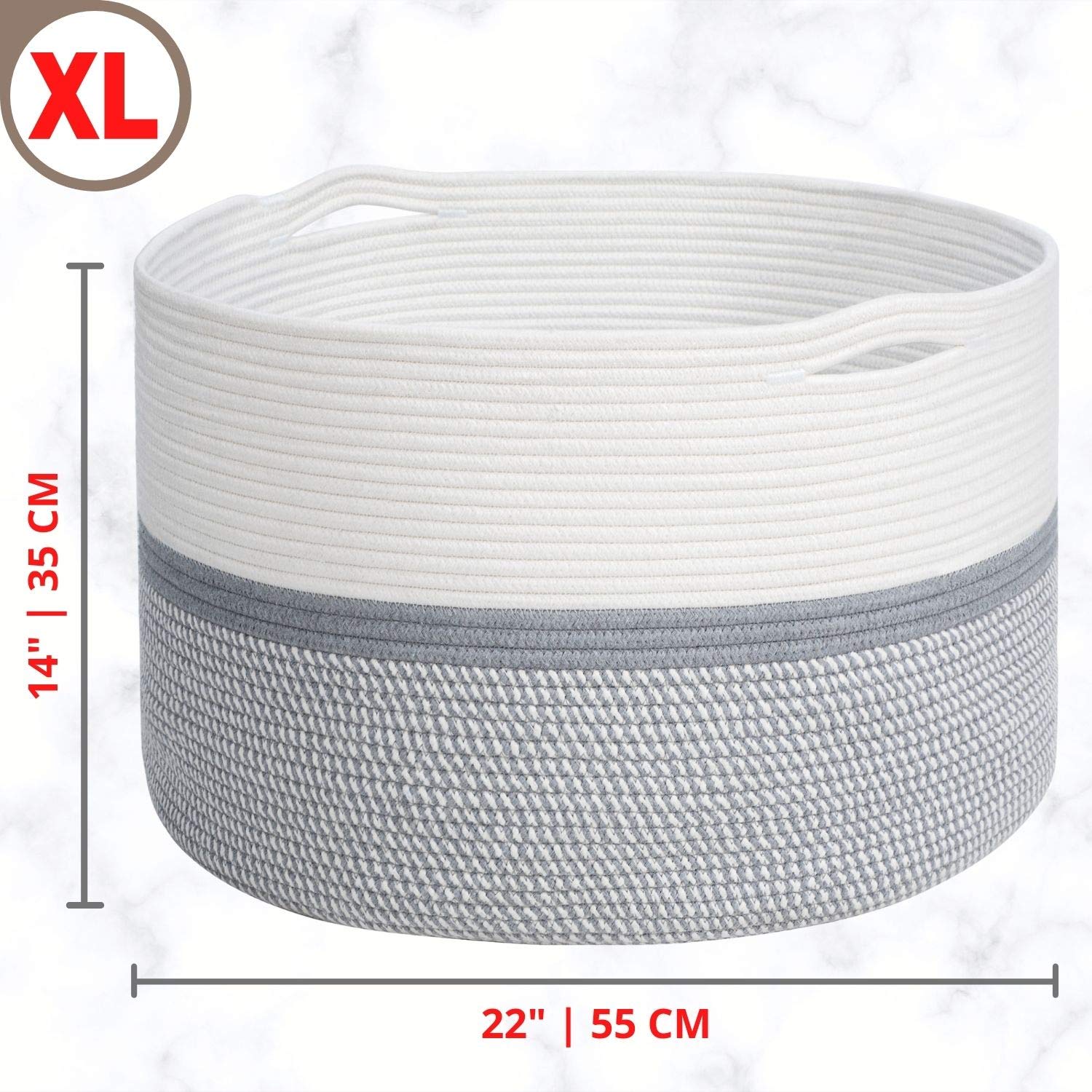 MINTWOOD Extra Large 22x14 Inch Woven Cotton Rope Storage Basket - Laundry Hamper, Blanket Organizer, Dog Toy Bin, Towel Holder for Bedroom, Nursery & Bathroom | Light Grey Mix Home Decor