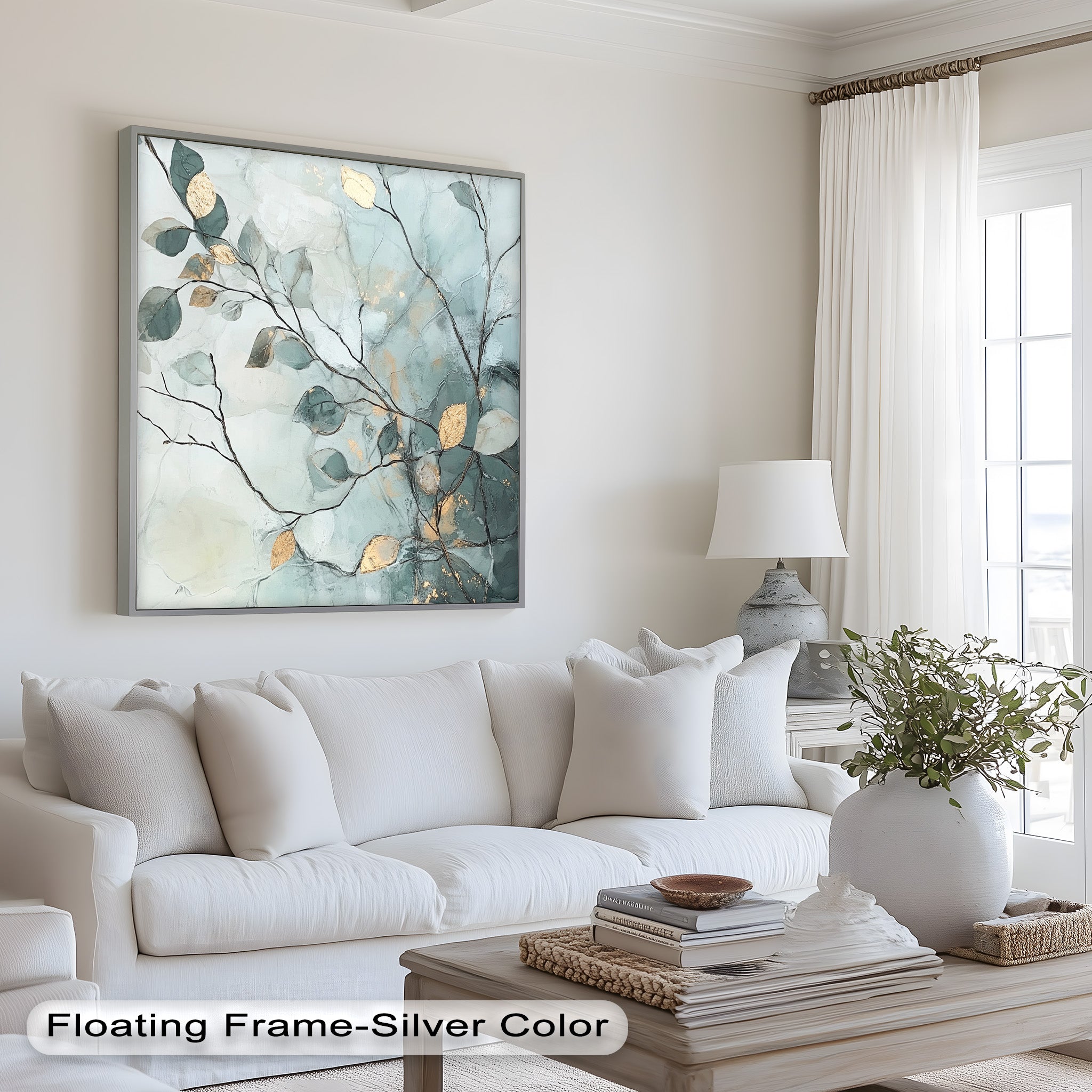 Blue and Metallic Leaf Branch Abstract Oil Painting - Handmade Canvas Wall Art for Living Room, Bedroom & Office Decor