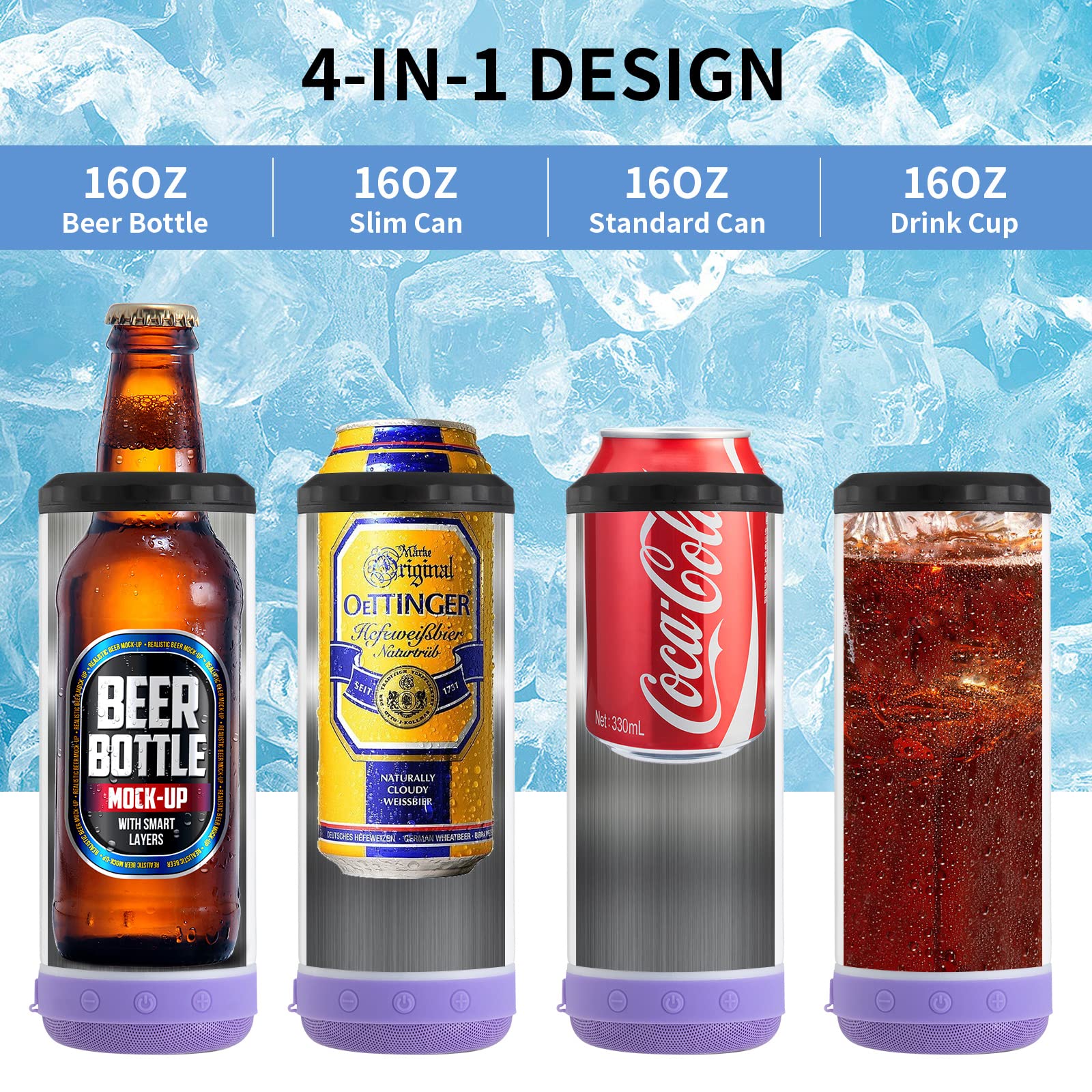INSTOME 4-in-1 Sublimation Can Cooler with Bluetooth Speaker - 16oz Insulated Music Can Cooler with Detachable LED Light for Beer, Soda & Cocktails - Perfect for Summer Beach Parties, Poolside Drinks & Outdoor BBQs (Purple)